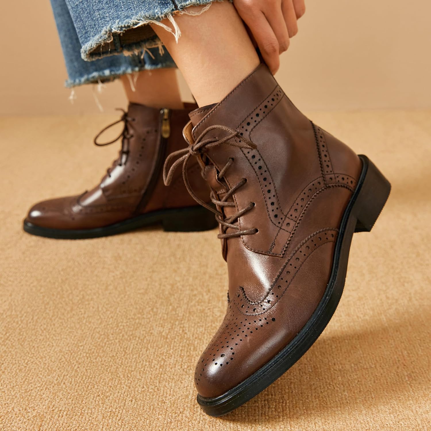 BEAU TODAY Combat Boots Womens Fall Shoes Winter Leather Ankle Boots for Women Oxfords Dressy Lace Up Wingtip Brogue Short Booties - Image 3