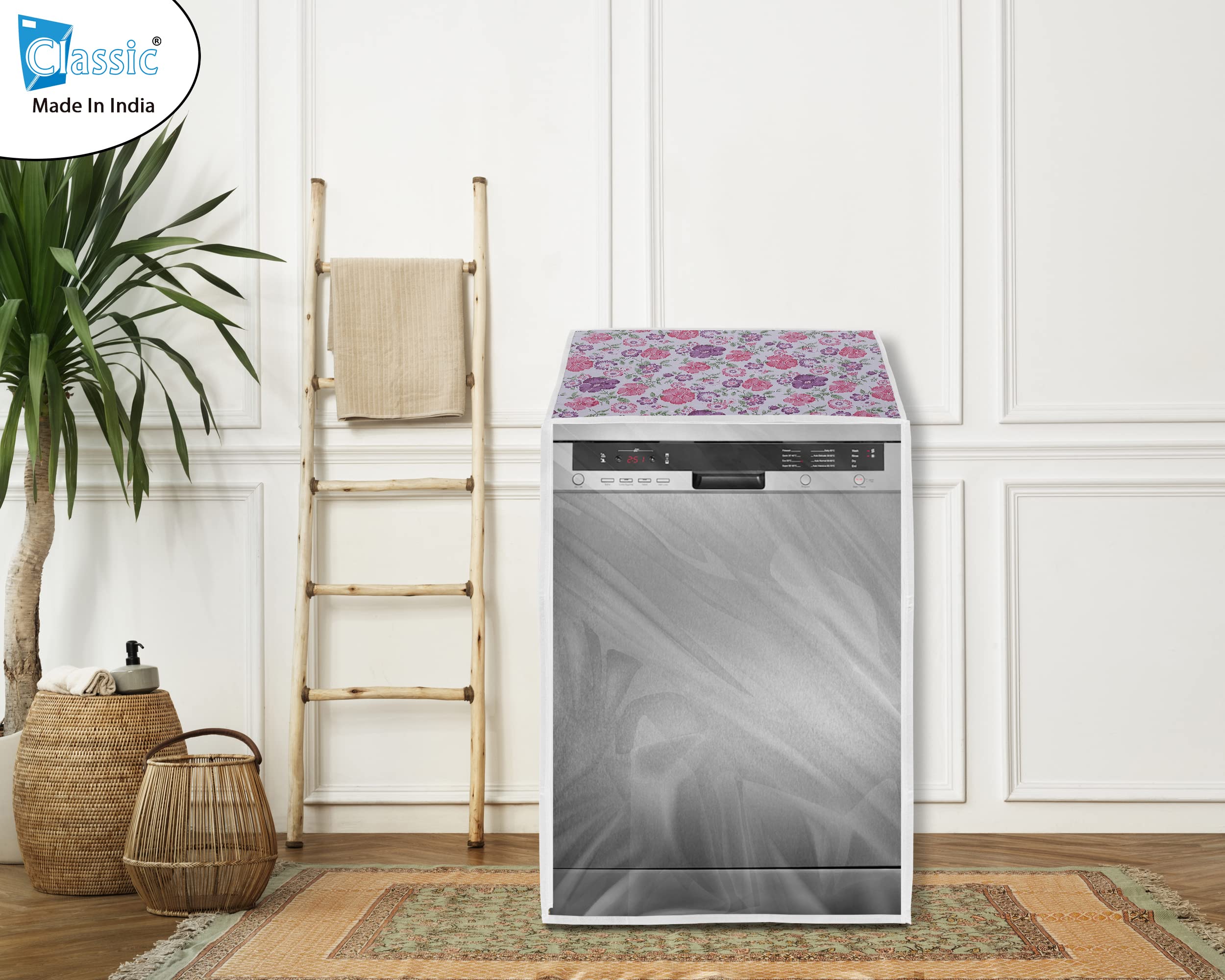 Classic® Dishwasher Cover Suitable for Bosch of 12, 13, 14 and 15 Place Setting (63cmsX63cmsX81cms, White & Pink Flower) 1