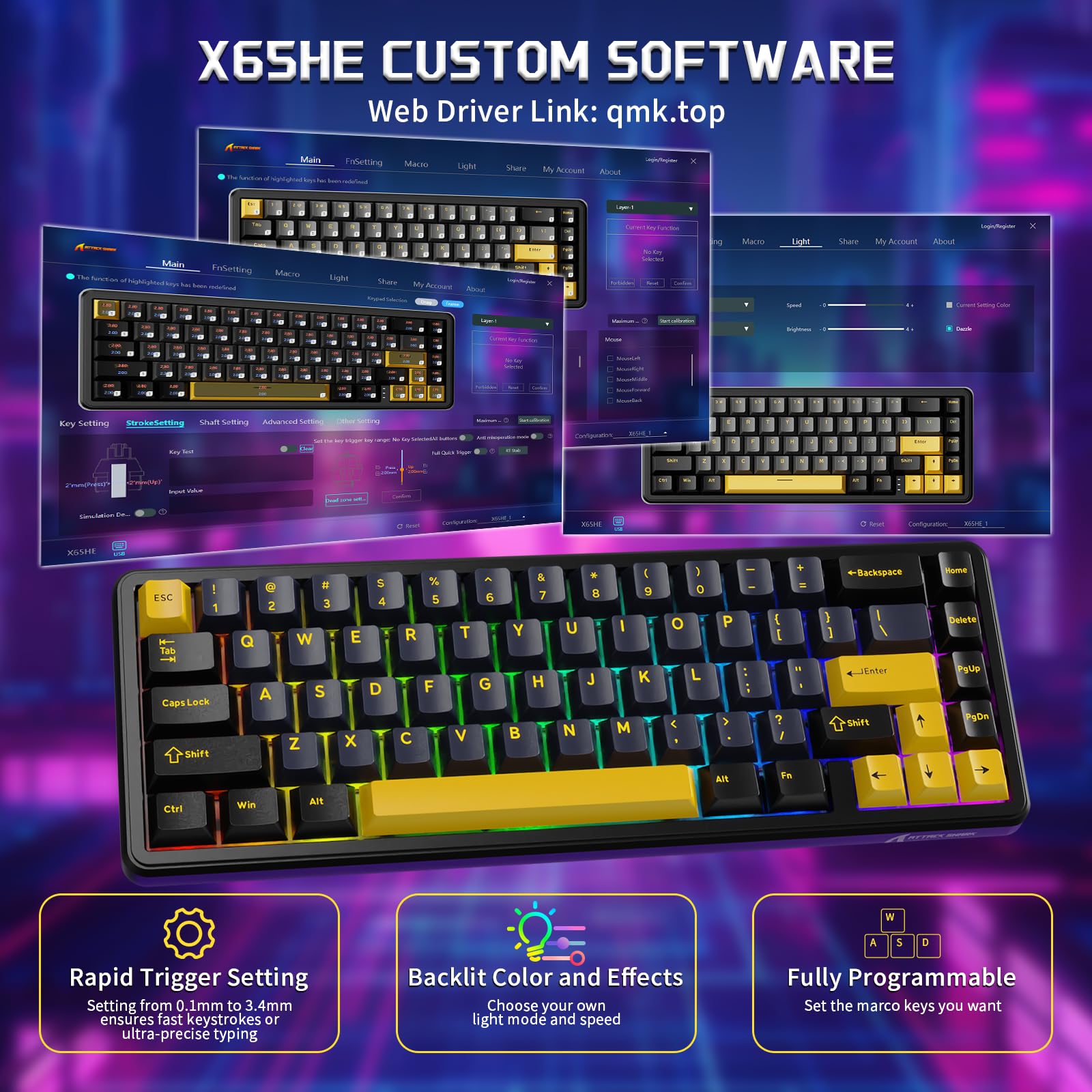 MAMBASNAKE x ATTACK SHARK Przewodowa Klawiatura i Mysz Do Gier, 59g Superlight PAW3311 Wireless Mice, Klawiatura Magnetyczna Mini 65% Rapid Trigger z Kablem Spiralnym 8Khz, QWERTY do PC -StarBlack