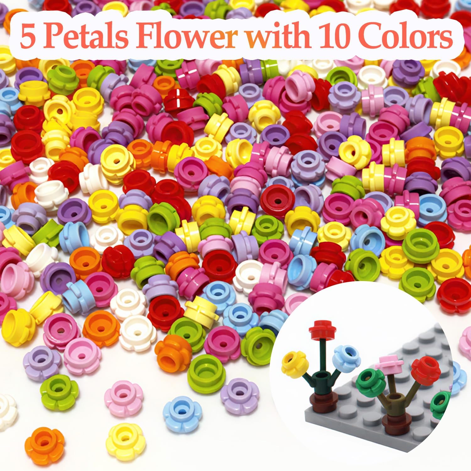 500 PCS Plants Flowers Bulk Building Set for DIY Building | Compatible with Major Brands, Assorted Colors, Multiple Flower Styles, DIY Building, 5 Different Accessories