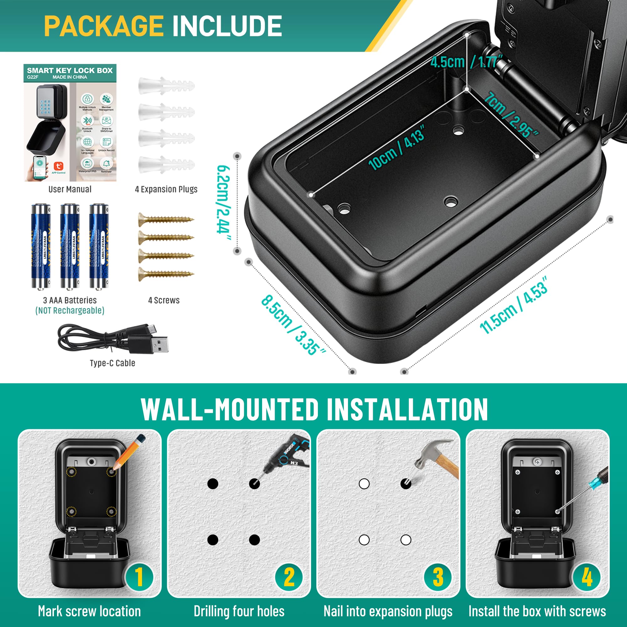Smart Caja de Seguridad para Llaves Grande Cajetin Llaves con Codigo Retroiluminada Bluetooth y Código Pin Desbloquear Caja Llaves Pared Exterior Compatible con Aplicación Tuya (Gris)