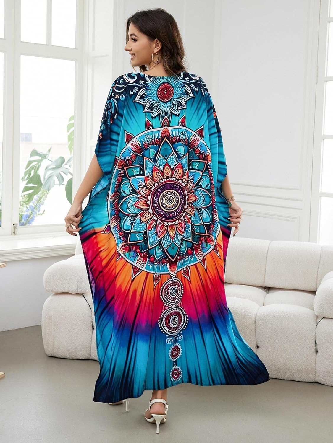Women's Plus Size Loose Fit Moroccan Print V-Neck Batwing Kaftan Beach Dress Bathing Suit Cover Up - Image 7