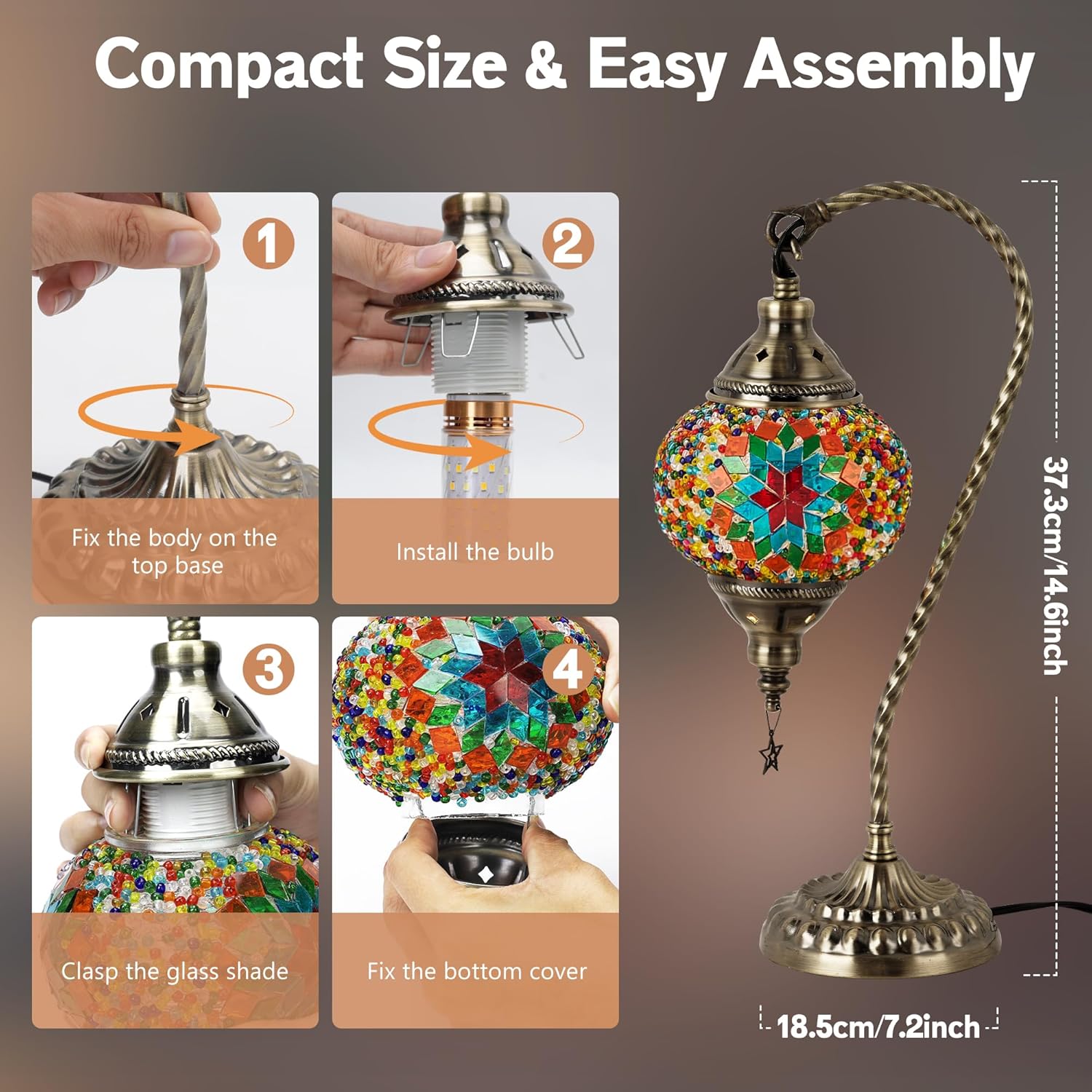Turkish Moroccan Lamp with 3 Color Options - Handmade Tiffany Mosaic Glass Bedside Lamp with Bronze Base, Swan-Neck Nightstand Light for Bedroom (LED Bulb Included) (Color)