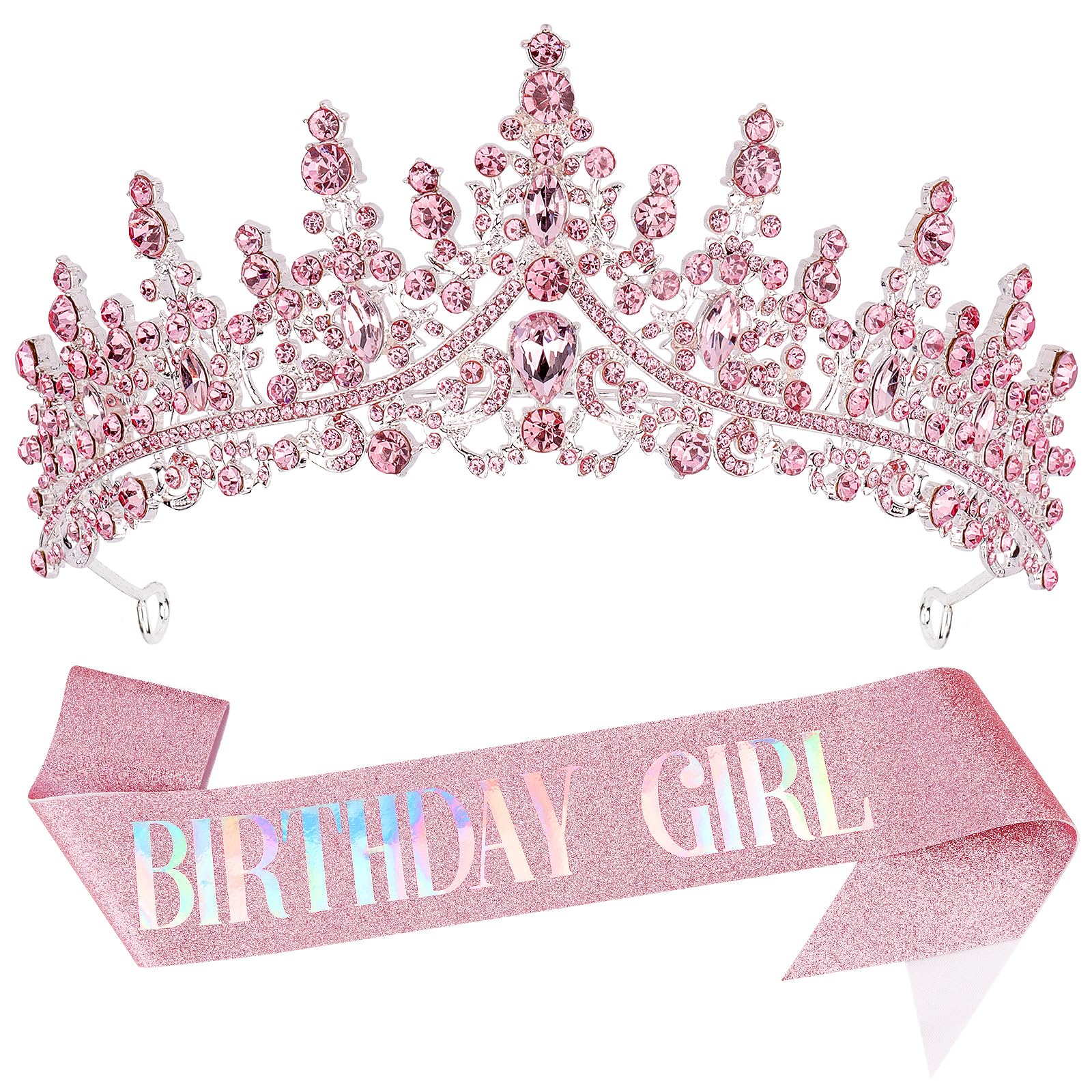 COCIDE BIRTHDAY GIRL Sash for Women Happy Birthday Sashes and Crowns for Girls Crystal Tiaras for Princess Pink Party Decoration for Gift Headband Supplies Accessories Favors