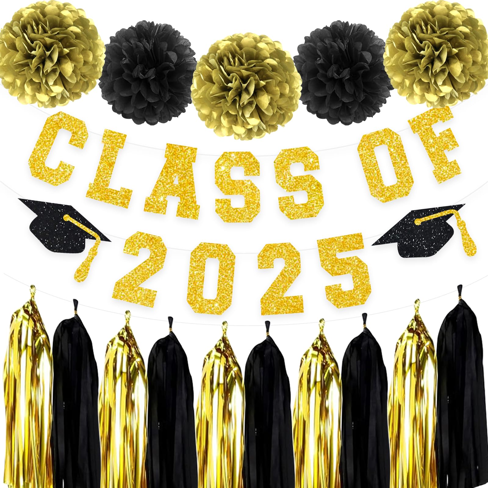 Gold Black Class Of 2025 Graduation Banner Pom Poms Flowers Paper Tassel Garland Decoration College Grad Party Supplies