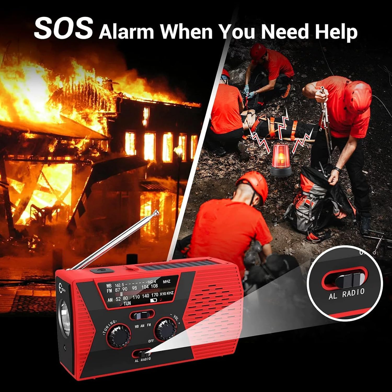 Emergency Radio, LED Flashlight Hand Crank Radio, Portable Mini AM/FM NOAA Weather Radio with Reading Lamp, Power Bank,USB Mobilephone Charger and SOS Alarm