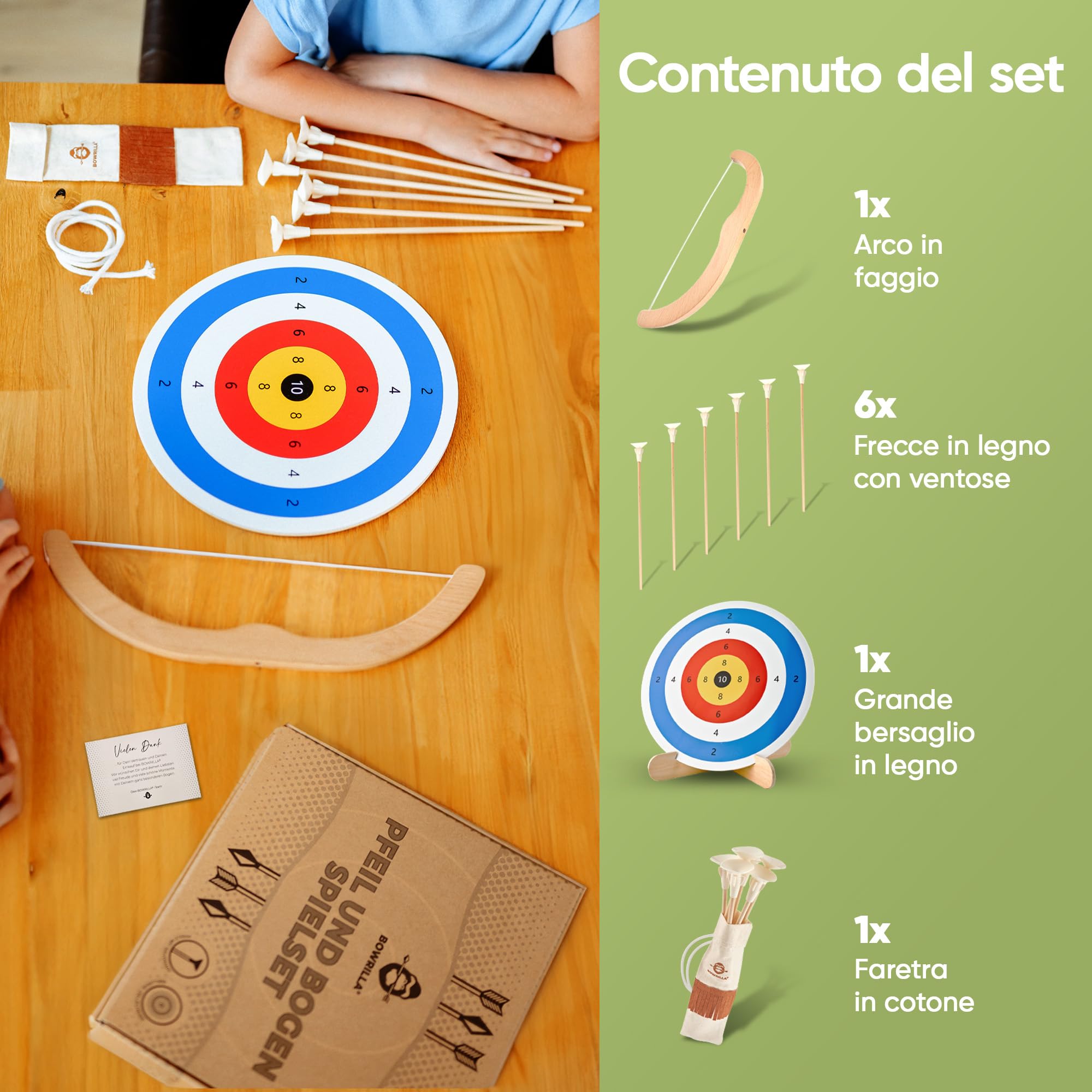 BOWRILLA® Set di Arco e Freccia per Bambini in Legno con 6 Frecce con Ventosa, Bersaglio e Faretra