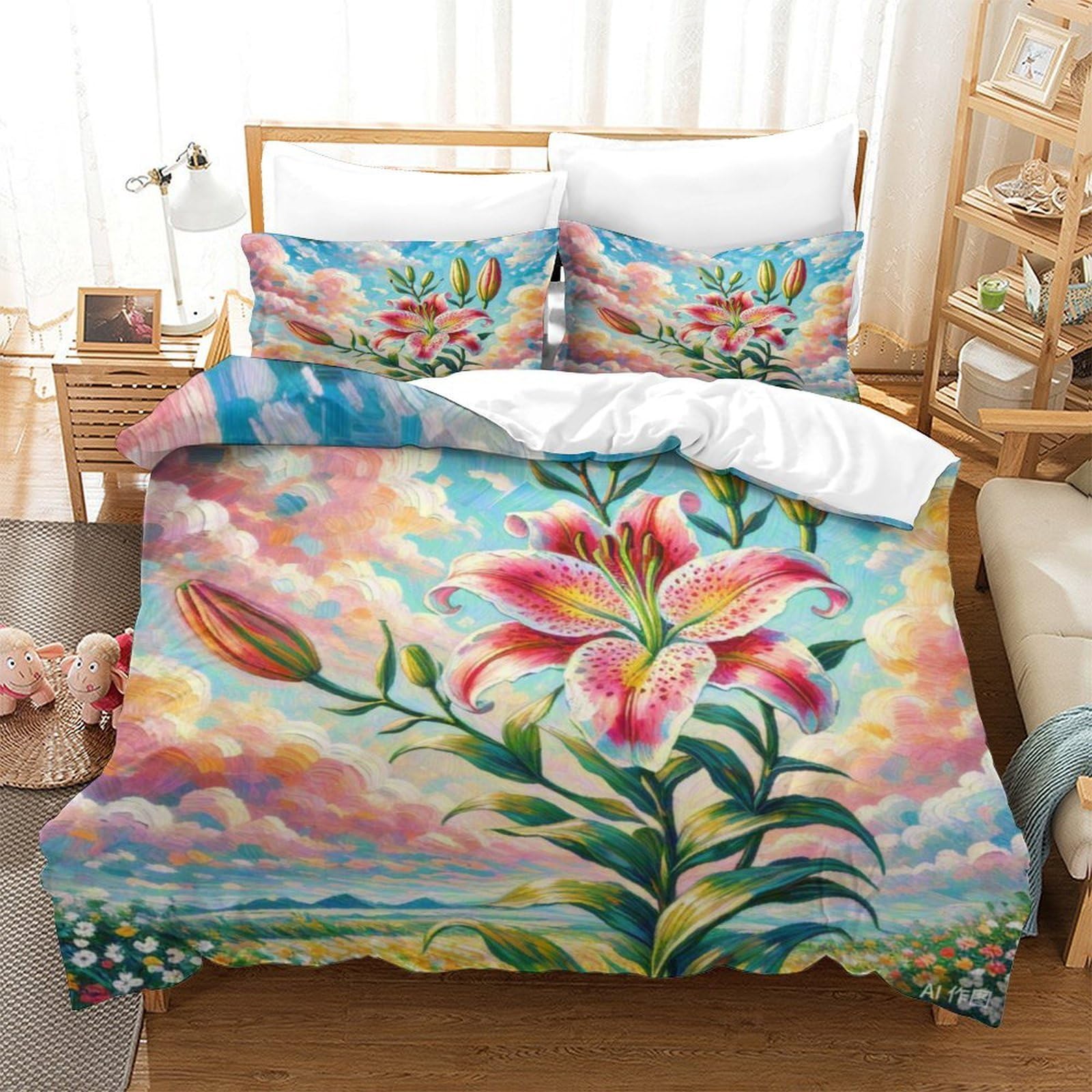 Housse de couette fille zippée motif lys pour lit 1 personne