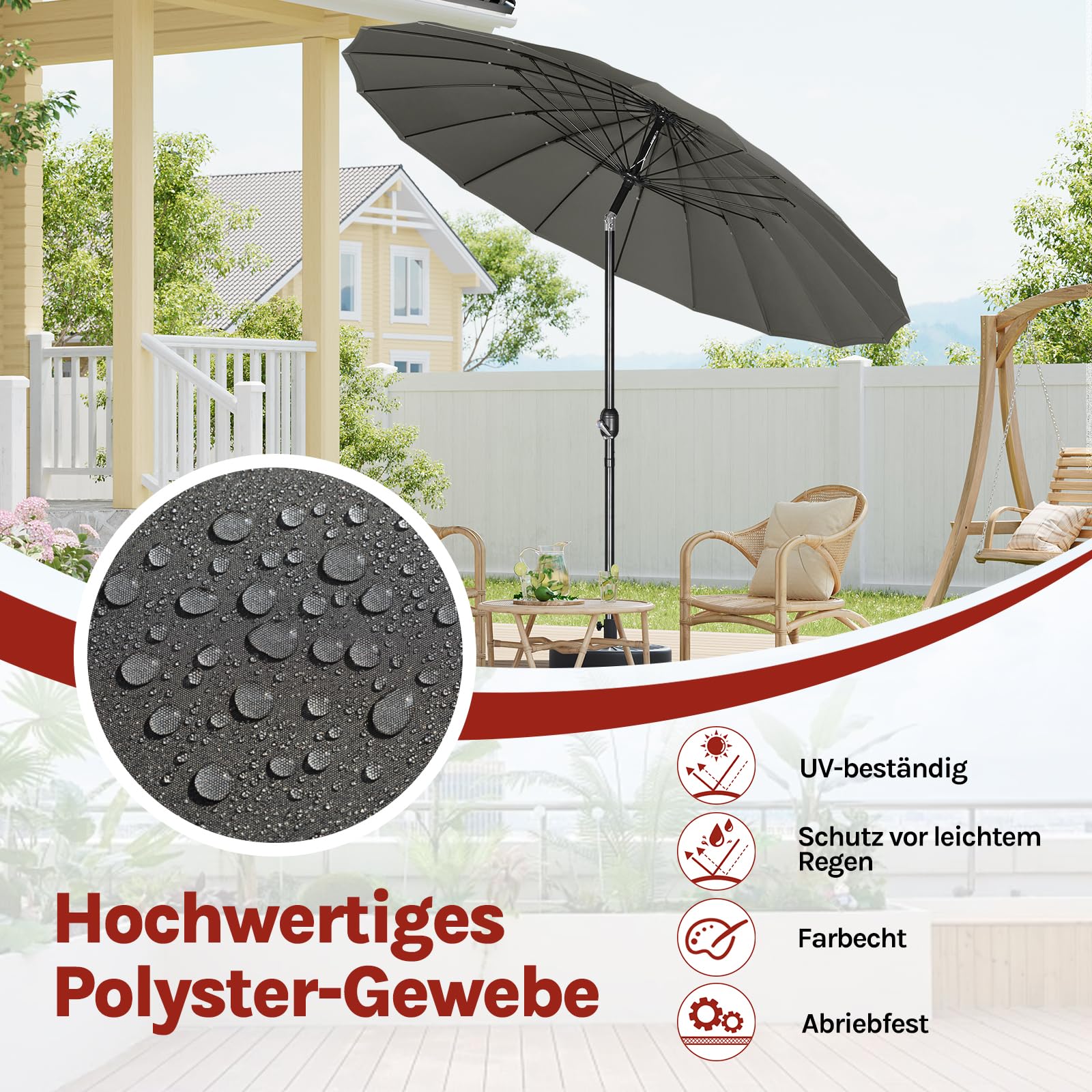 WOLTU Parasol przeciwsłoneczny Ø 257/273 cm, wychylany parasol ogrodowy z korbą, parasol balkonowy z 18 wspornikami z włókna szklanego, na taras, patio, basen, ciemnoszary
