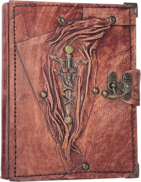 DERI Handmade Leather Journal Notebook Sketchbook Unlined Travel Diary Gift (Sword, 19 x 14 cm, 288 pages), Brown