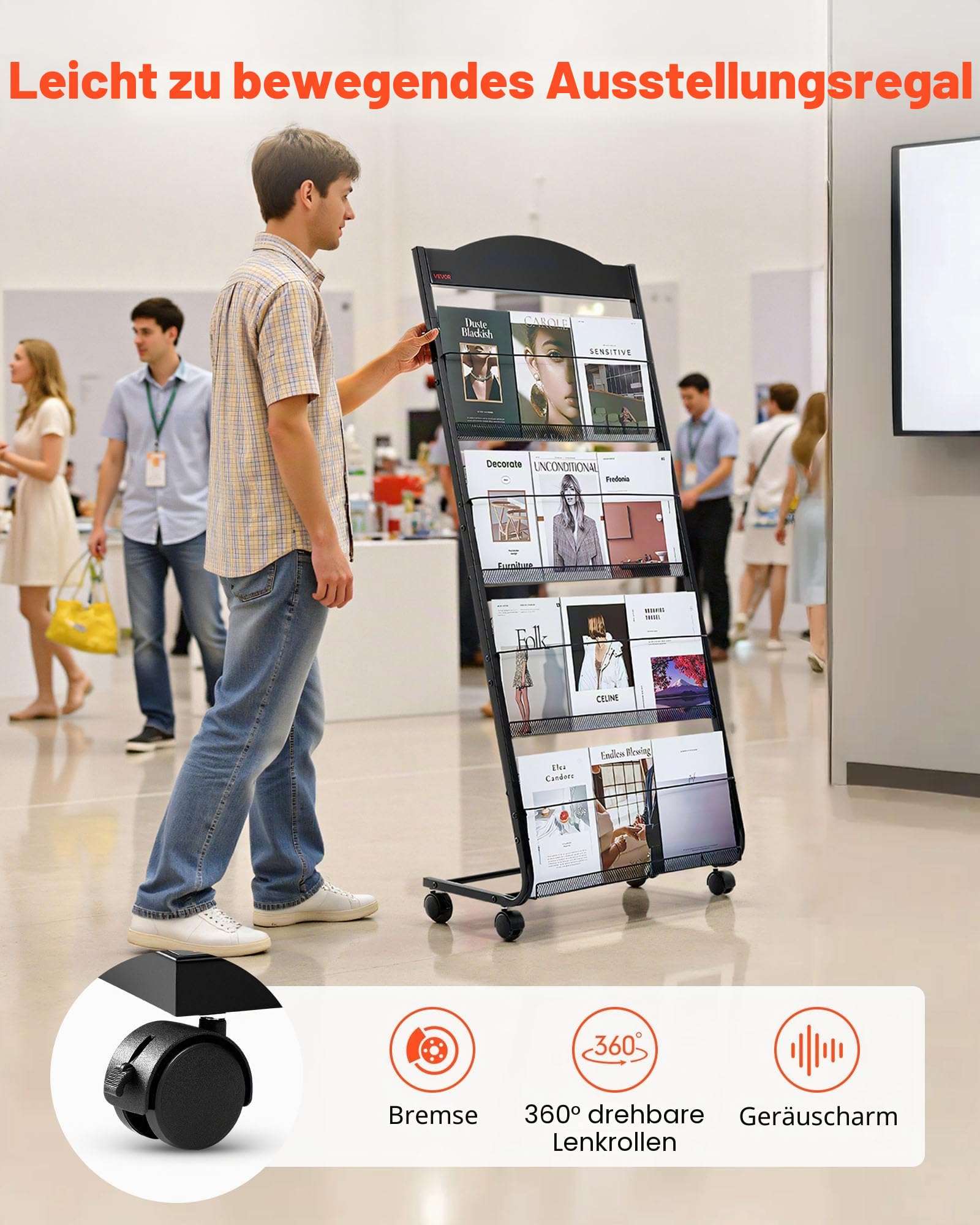 VEVOR faltbarer Prospektständer Zeitschriftenständer mit 4 Taschen, rollbarer Literaturständer Kataloghalter Schrägsteller, Buchständer Bodenaufsteller für Messe, Büroshows, Ausstellung