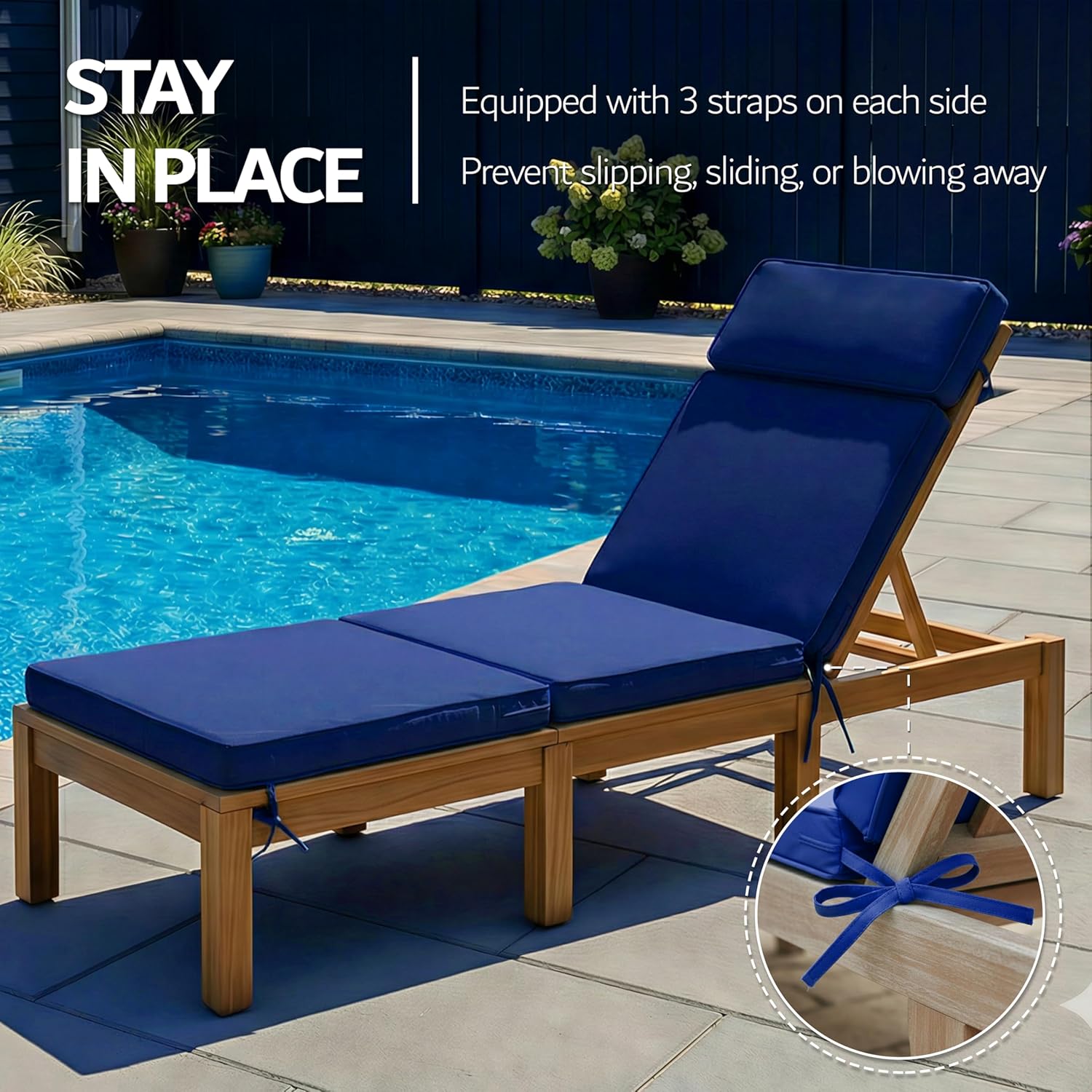 80 x 26 Inch Outdoor Chaise Lounge Cushions Set of 4 - Removable Cover, 4-Section Design, Water-Repellent & Fade-Resistant, 6 Tie Straps, Replacement for Patio & Pool Chairs - Navy