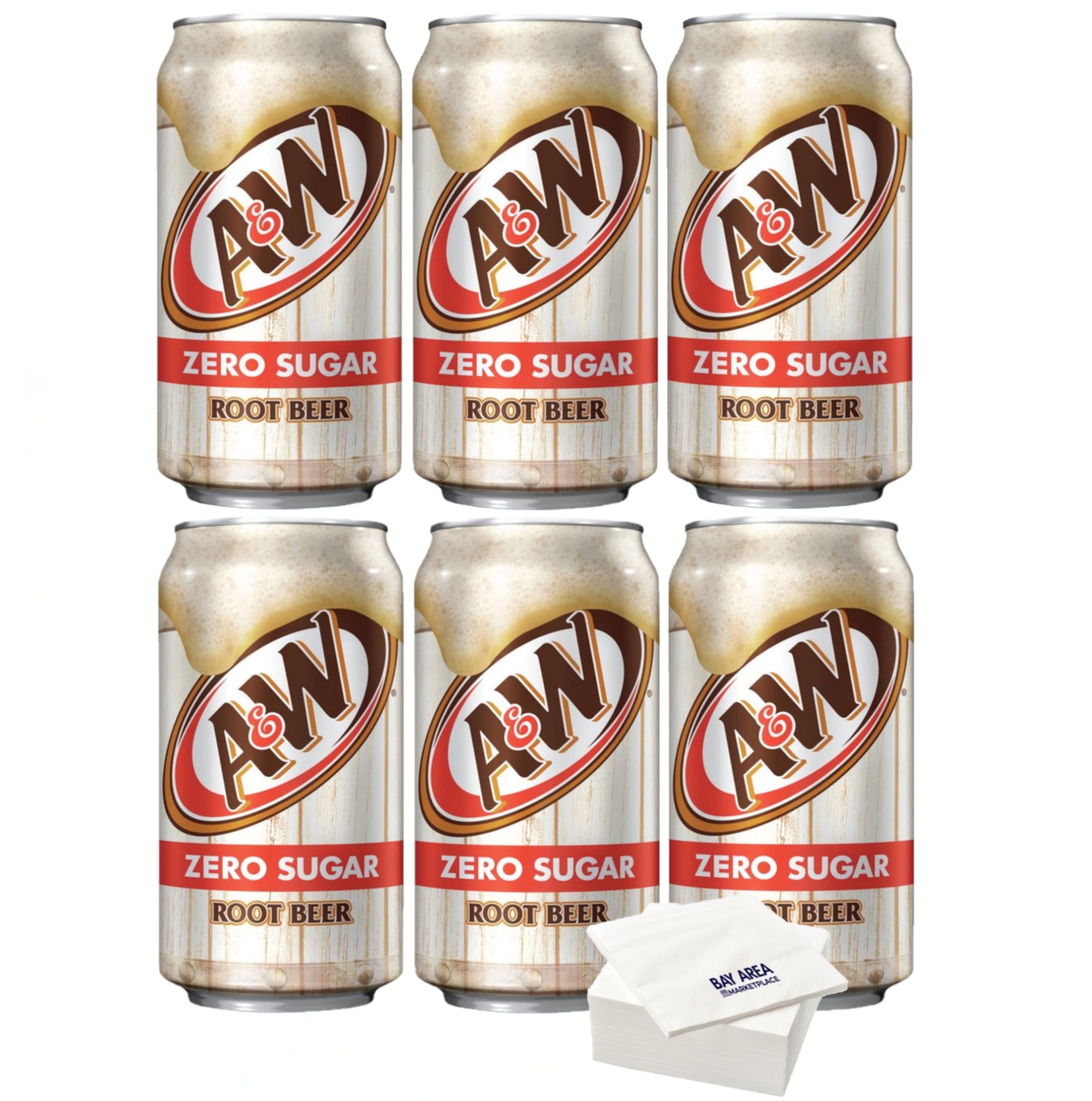 A&W Root Beer Zero Sugar, 12oz Cans, Pack of 6 with Bay Area Marketplace Napkins