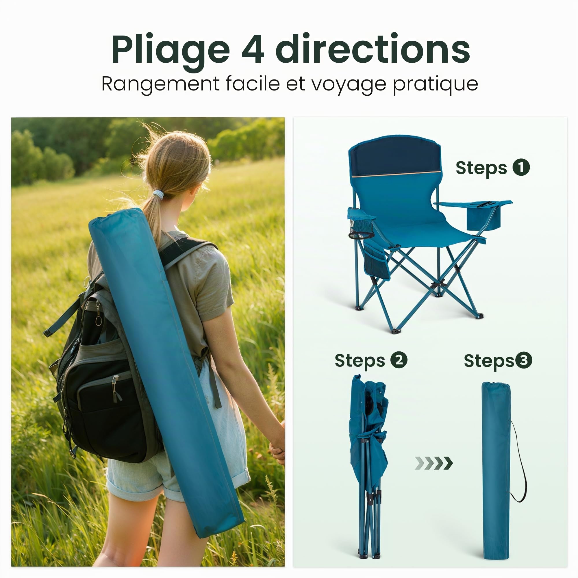 HIGH POINT SPORTS Lot de 2 Chaises de Camping Pliables Jusqu'à 102 kg Chaise Pliante Exterieur Fauteuil Camping Interieur avec Porte-Gobelets et Accoudoirs (2pcs Bleu)