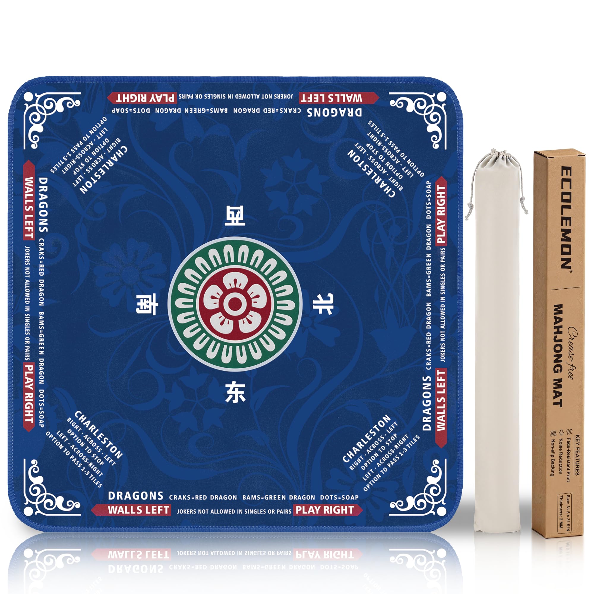 ECOLEMON Crease-Free Mahjong Mat for Table, American Mahjong Mat with Charleston Rules, 31.5 x 31.5 inch Non-Slip Rubber Backing Noise-Reducing Mah Jongg Learning Mat with Carrying Bag (Blue)