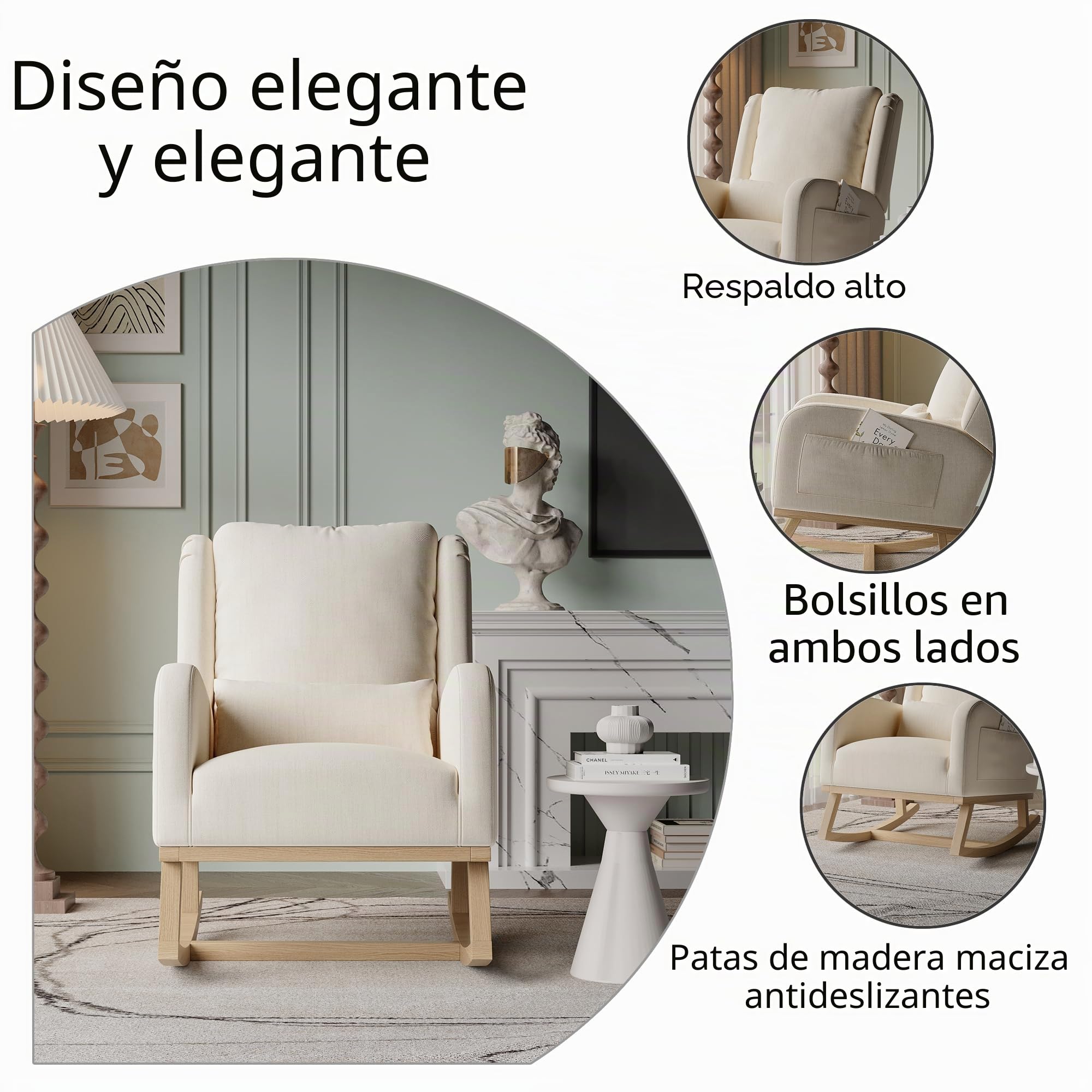 Silla Mecedora Escandinava, Silla de Lactancia, Silla Escandinava de Ocio y Descanso en Tela con Patas de Madera Metálica para Salón, Dormitorio, Beige