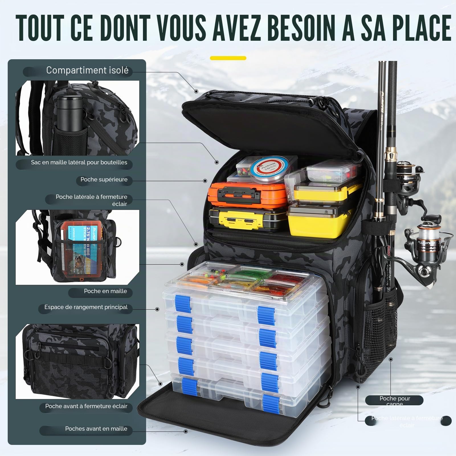 PLUSINNO Sac à dos de pêche avec supports de canne et glacière, grand sac de pêche résistant à l'eau, sac à dos de pêche pour le camping, cadeaux de pêche pour homme, père, camouflage noir, camouflage