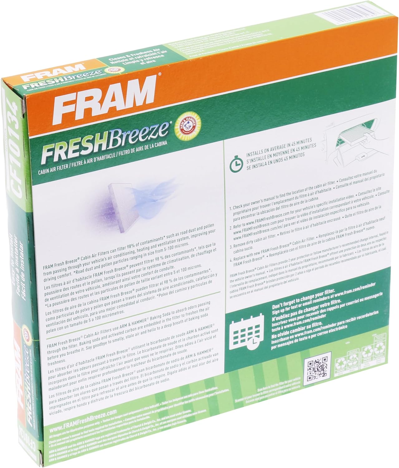 FRAM Fresh Breeze Cabin Air Filter Replacement for Car Passenger Compartment w/ Arm and Hammer Baking Soda, Easy Install, CF10134 for Honda Vehicles