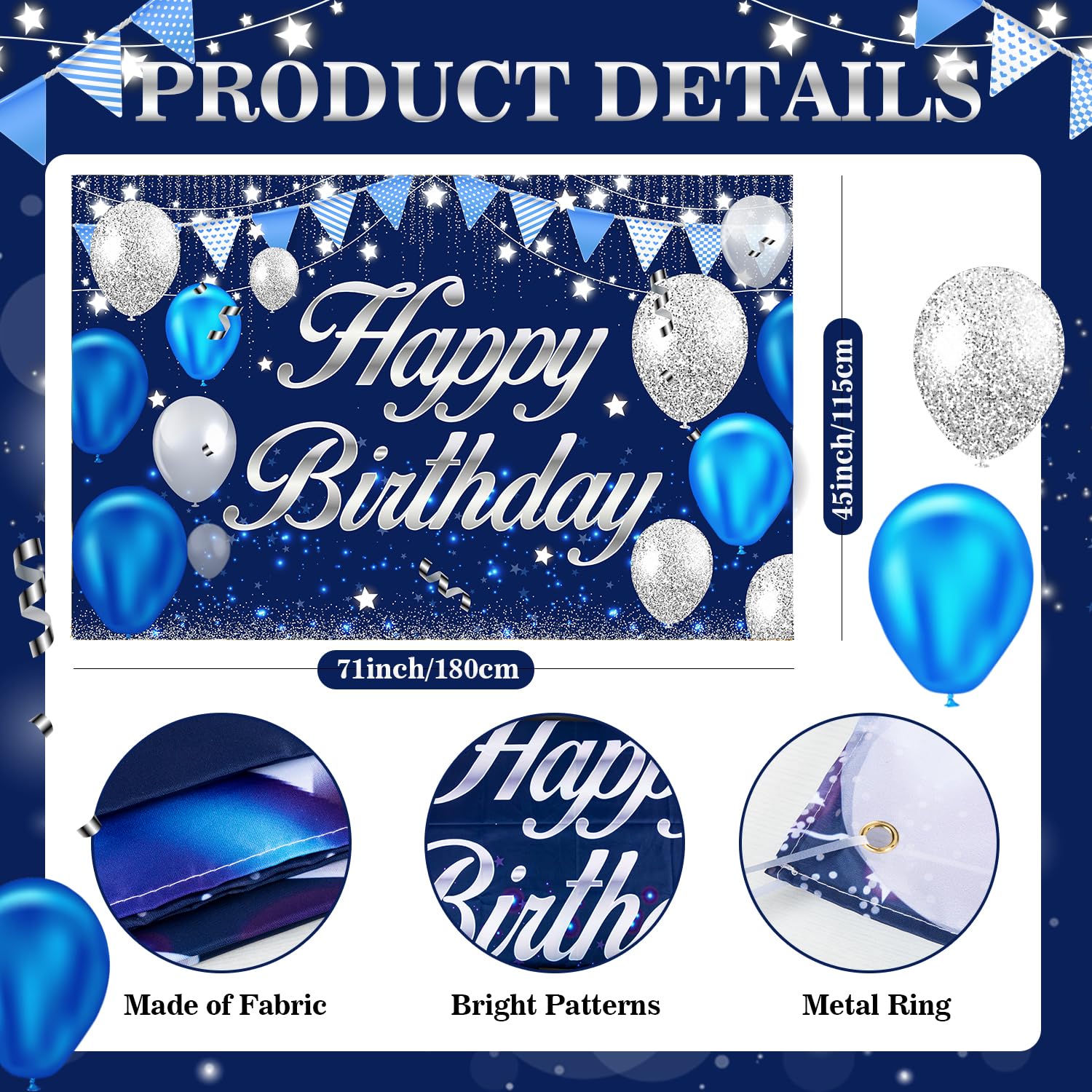 Happy Birthday Banner - Blue & Silver Party Decor -2 Happy Birthday Banner - Blue & Silver Party Decor -2