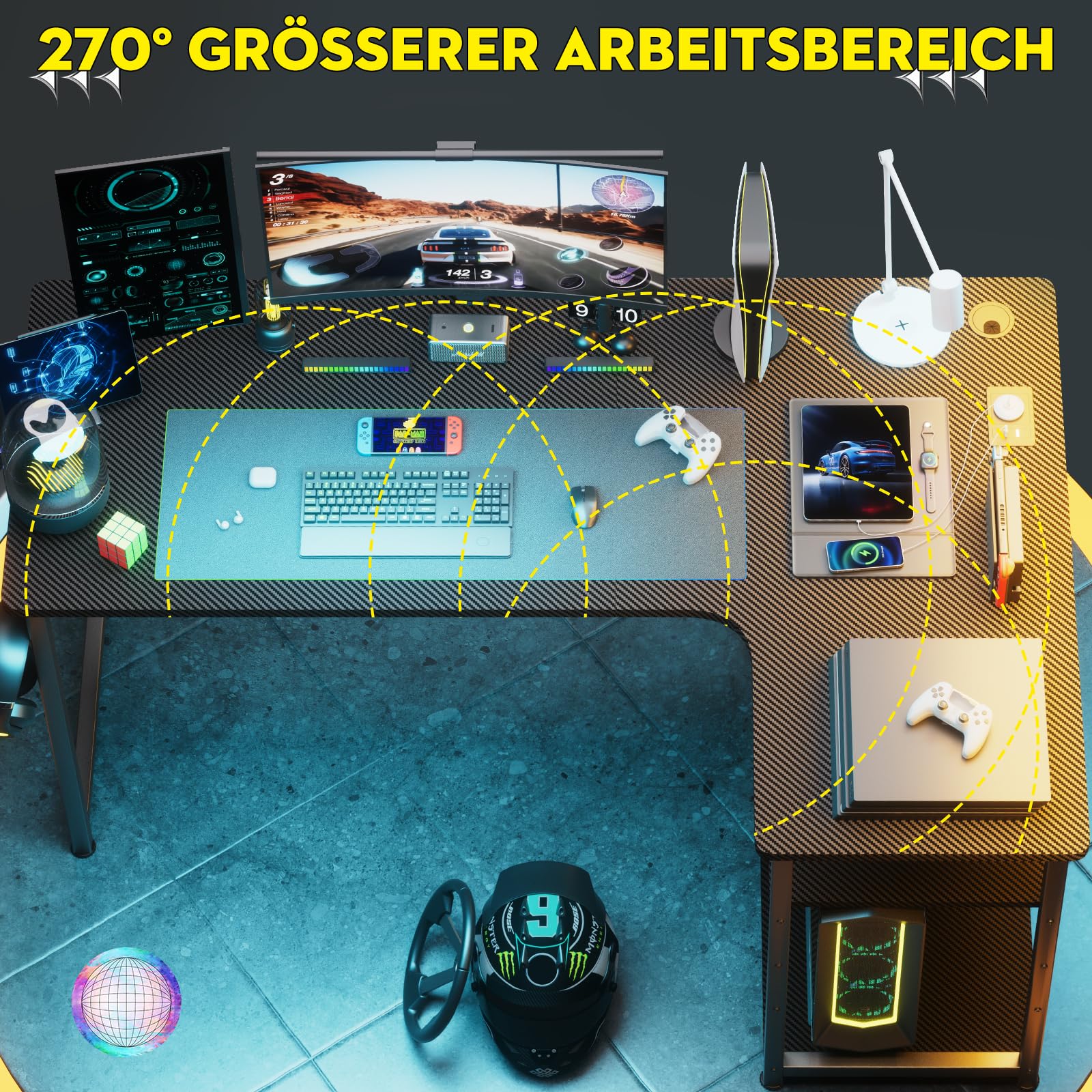 COMHOMA Gaming Tisch mit Steckdose 120 x 80cm Schreibtisch, Eckschreibtisch mit USB-Ladeanschluss und Regal, Computertisch L Form, PC Tisch für Büro, Heimbüro