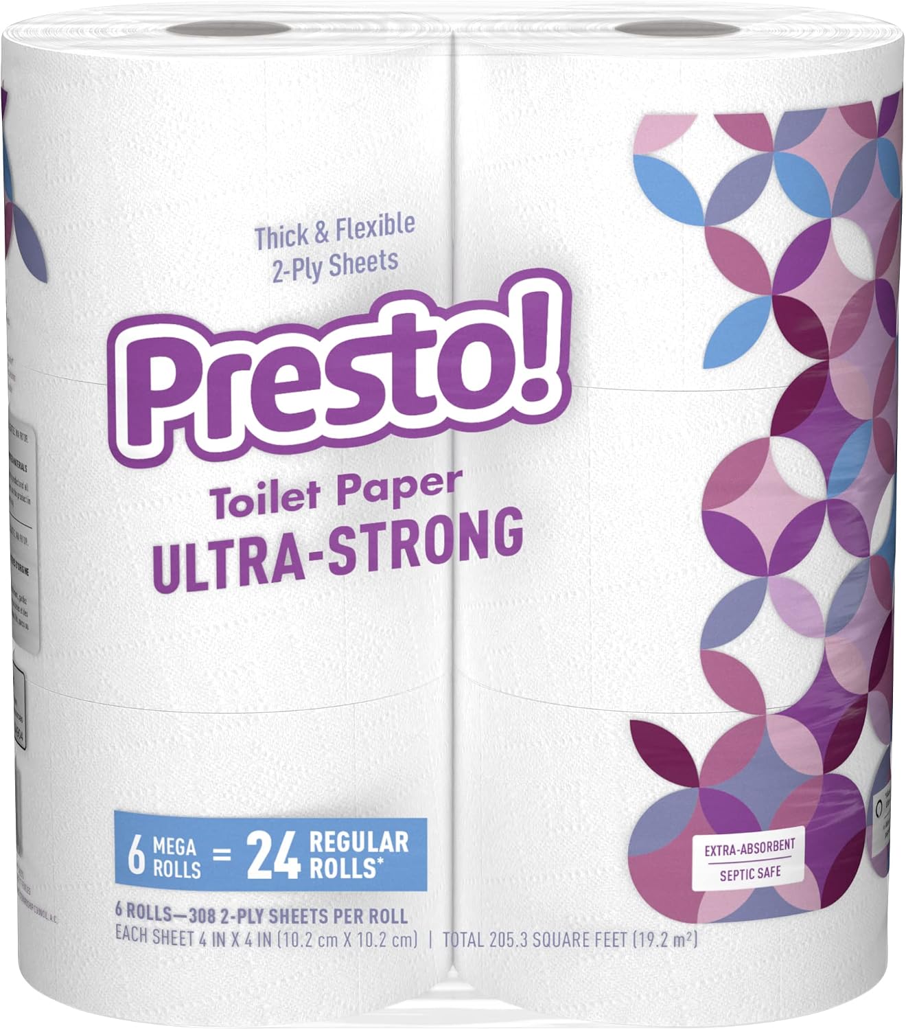 Amazon Brand - Presto! 308-Sheet Mega Roll Toilet Paper, Ultra-Strong, 6 Count