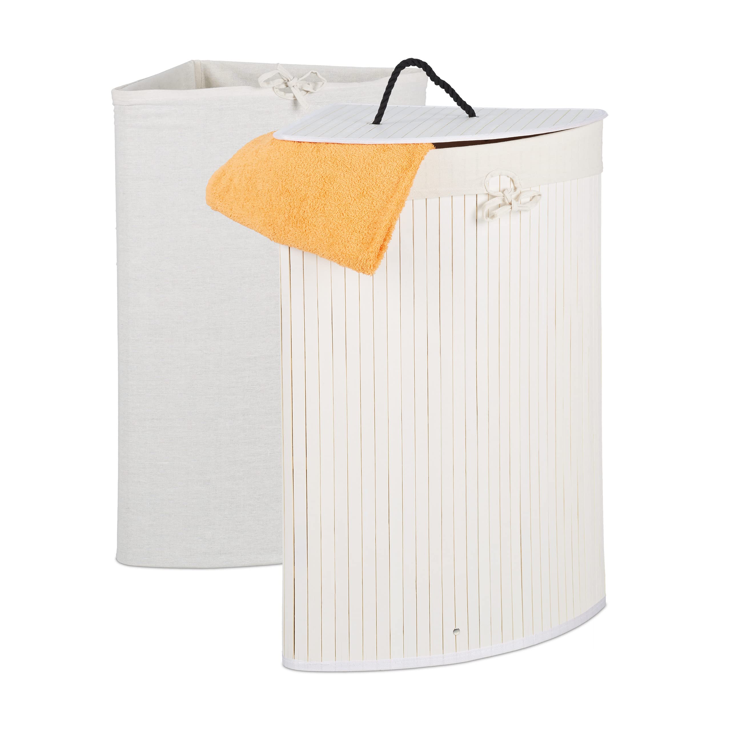 Relaxdays Corner Laundry Basket, Bamboo, Folding Hamper, Lid, 60 L, 2 Inner Washing Bags, 66 x 49.5 x 37 cm, White
