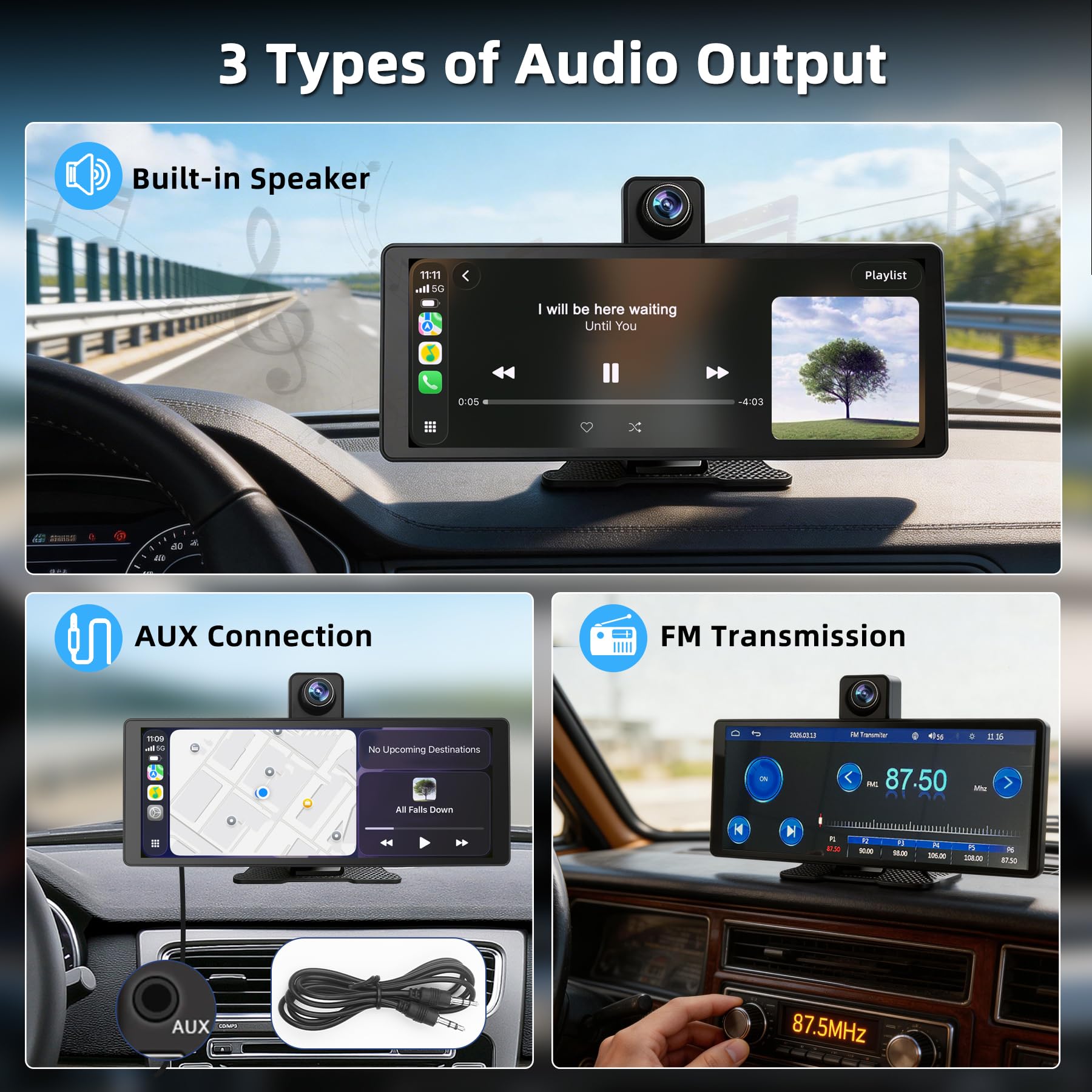 10.26" Wireless Carplay & Android Auto Screen for Car - Portable Car Stereo with 1080P Adjustable Dash Cam Front | Mirror Link | FM Transmitter/AUX | Plug & Play (10.26, Inches) — view 3