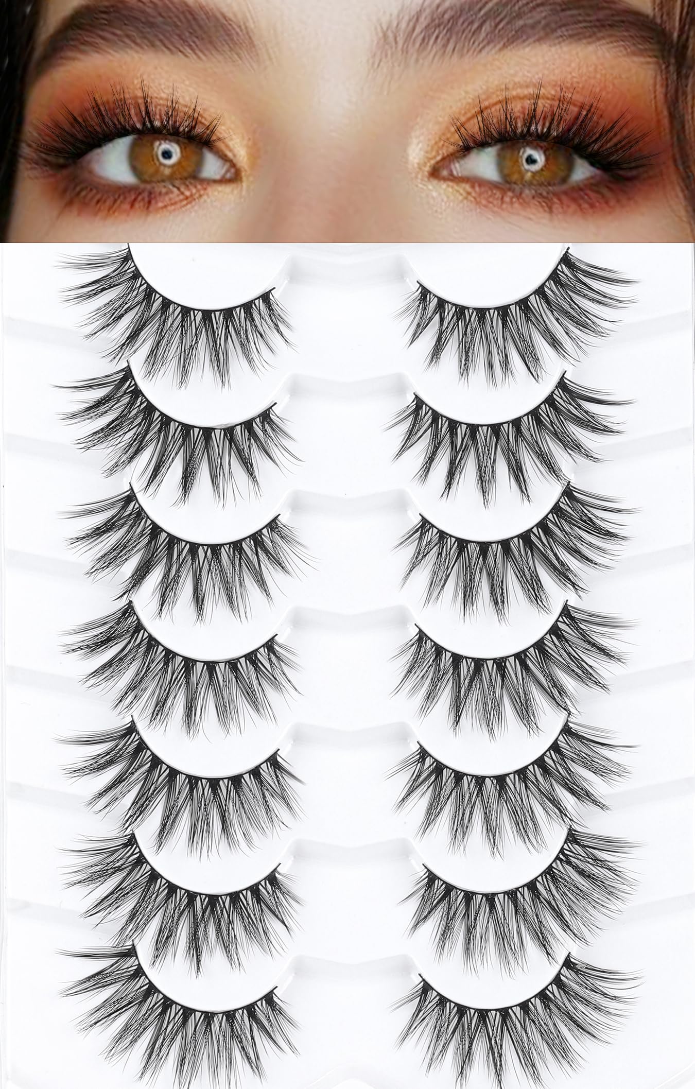EVENTILL Cat Eye Lashes 16mm Anime Eyelashes 3D Volume False Eyelashes Natural 0.1MM Thin Band Soft C Curl Eye Lashes Pack 7 Pair