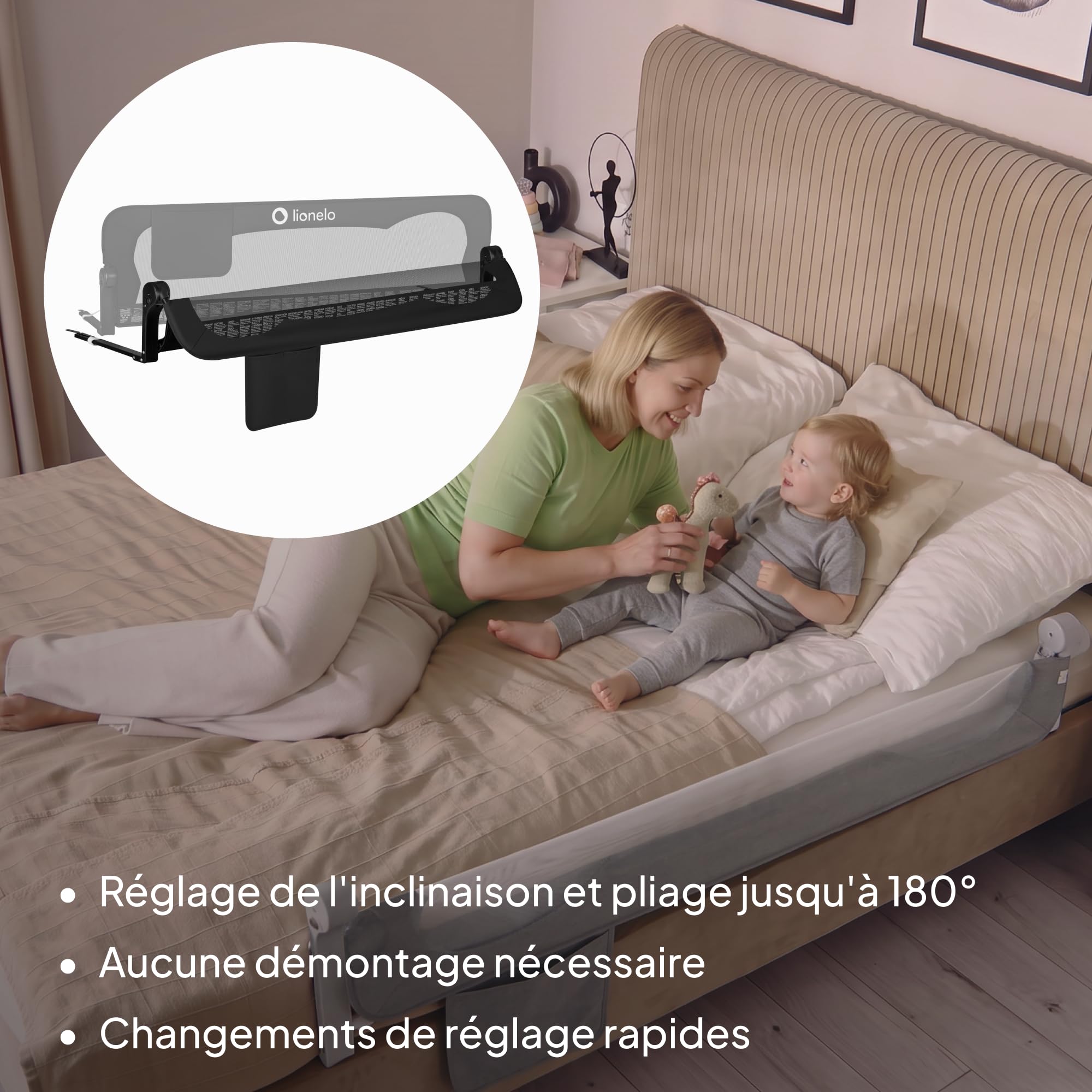 Lionelo EVA Barrière Lit 150 cm x 42, Cadre en MétalDurable, Haute Pliable
