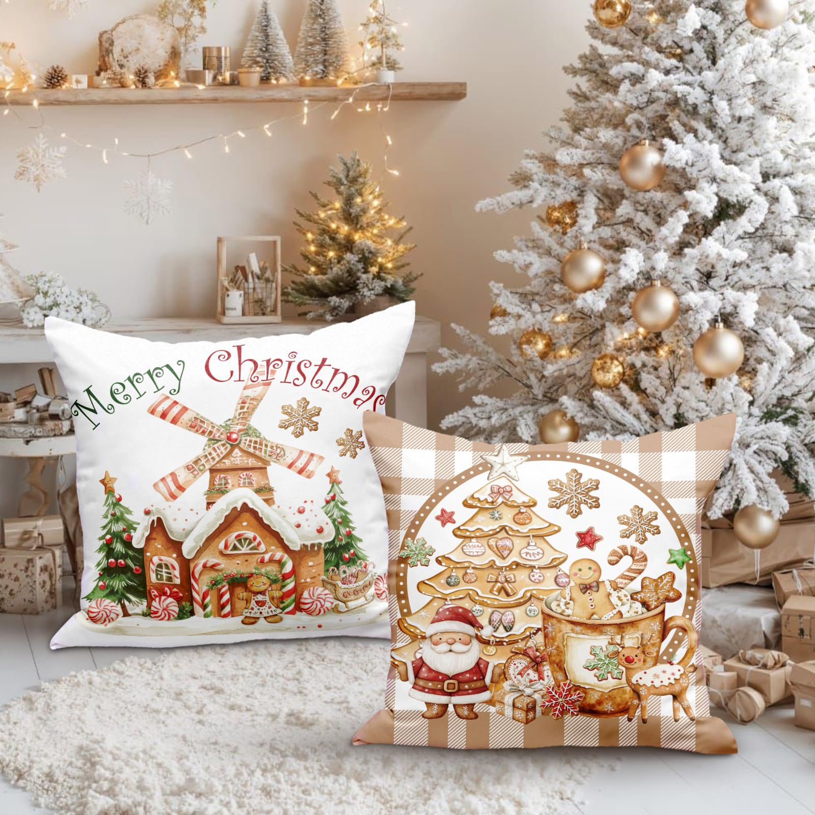 Lanpn Lebkuchenmann Weihnachten Kissenbezug 4 Stück, Plüsch Weihnachtskissenbezug 50x50cm, Lebkuchen Kissenbezüge Dekorative Kissenbezüge Für Heim Wohnzimmer Schlafzimmer Sofa Weihnachtsdeko (Braun