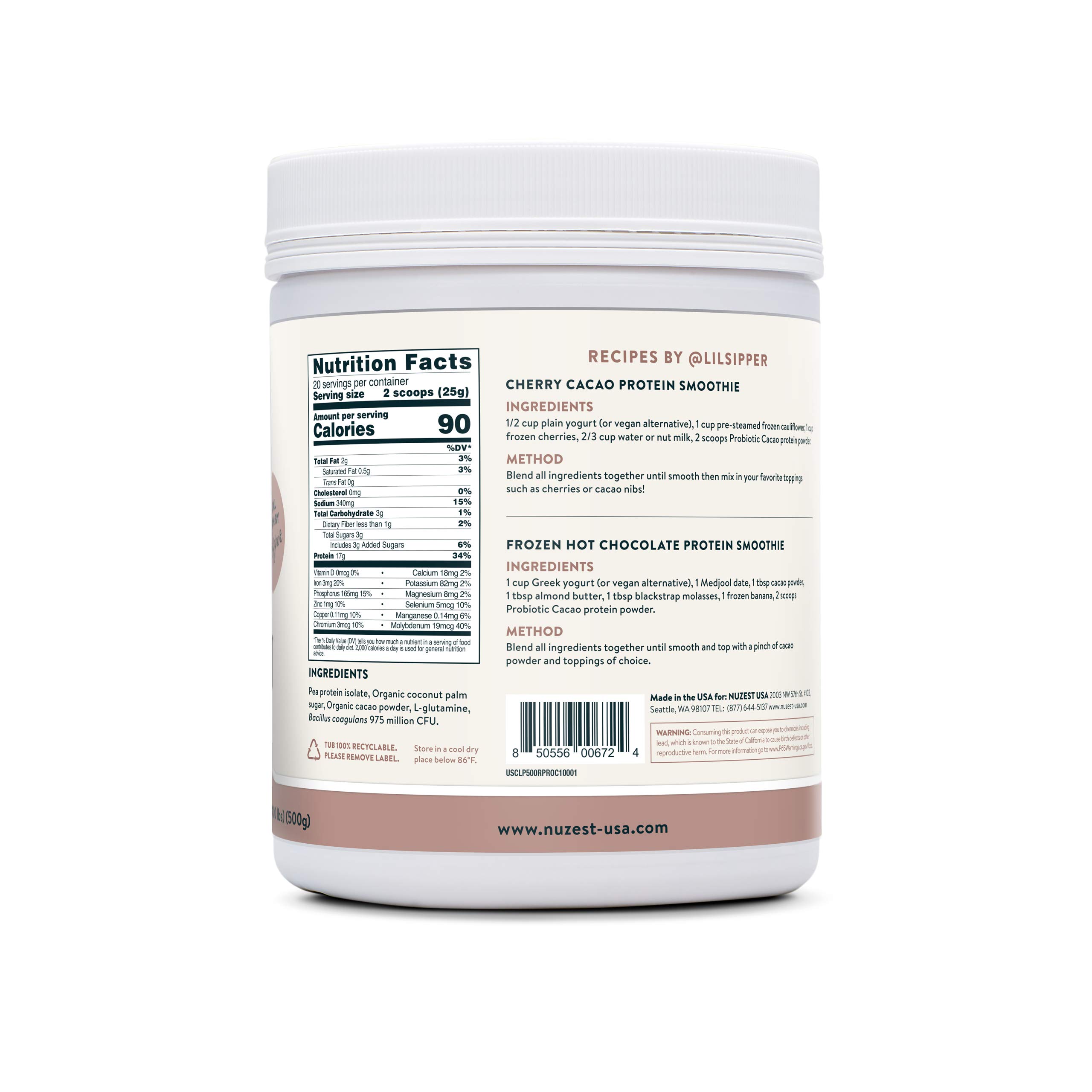 Probiotic Cacao Clean Lean Protein by Nuzest Premium Vegan Protein Powder, Plant Based Protein
