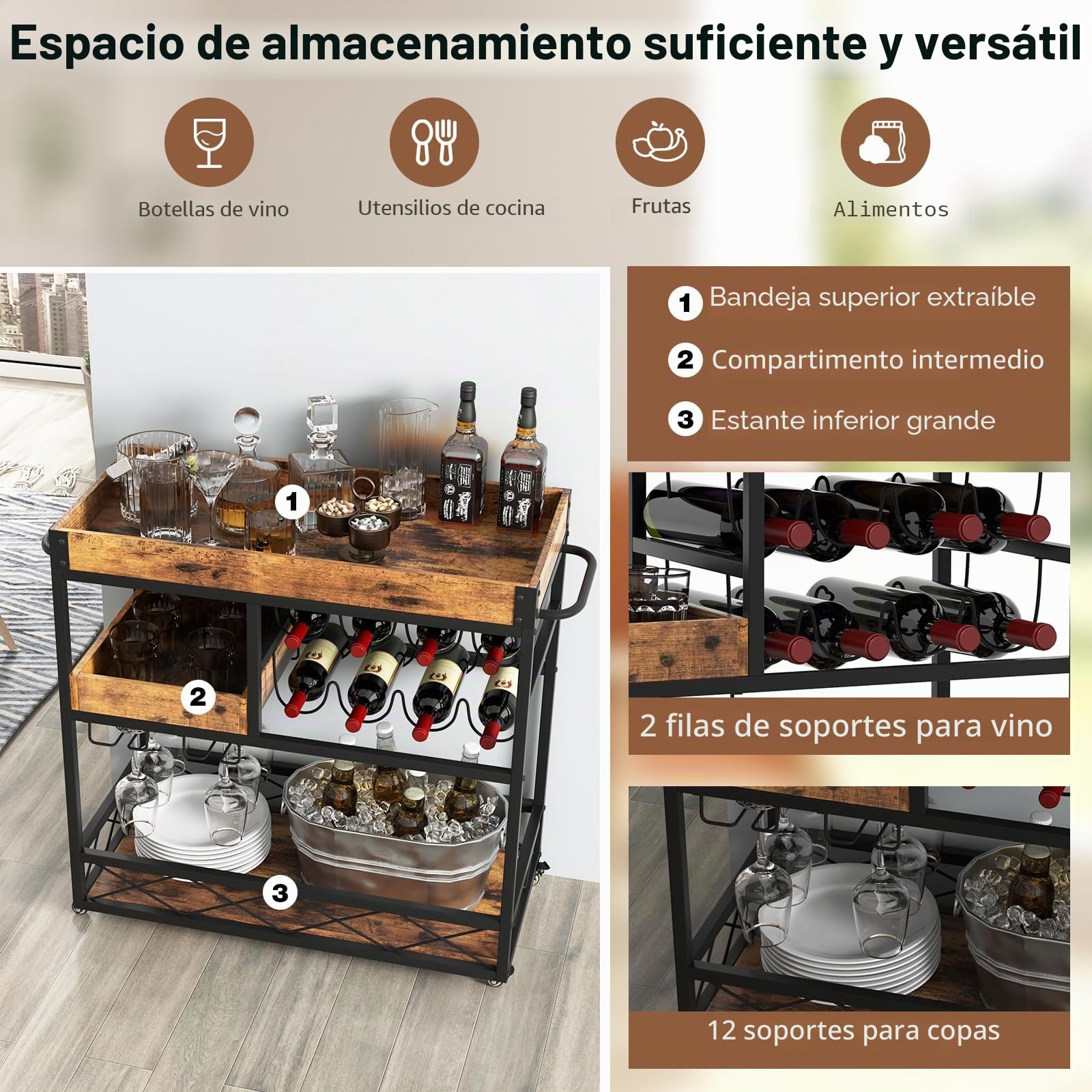 GOPLUS Carro de servir de 3 pisos, carrito de bar móvil con 8 botellas de vino y 12 soportes de cristal, carro de cocina con ruedas universales, asas, carrito de madera para salón y cocina