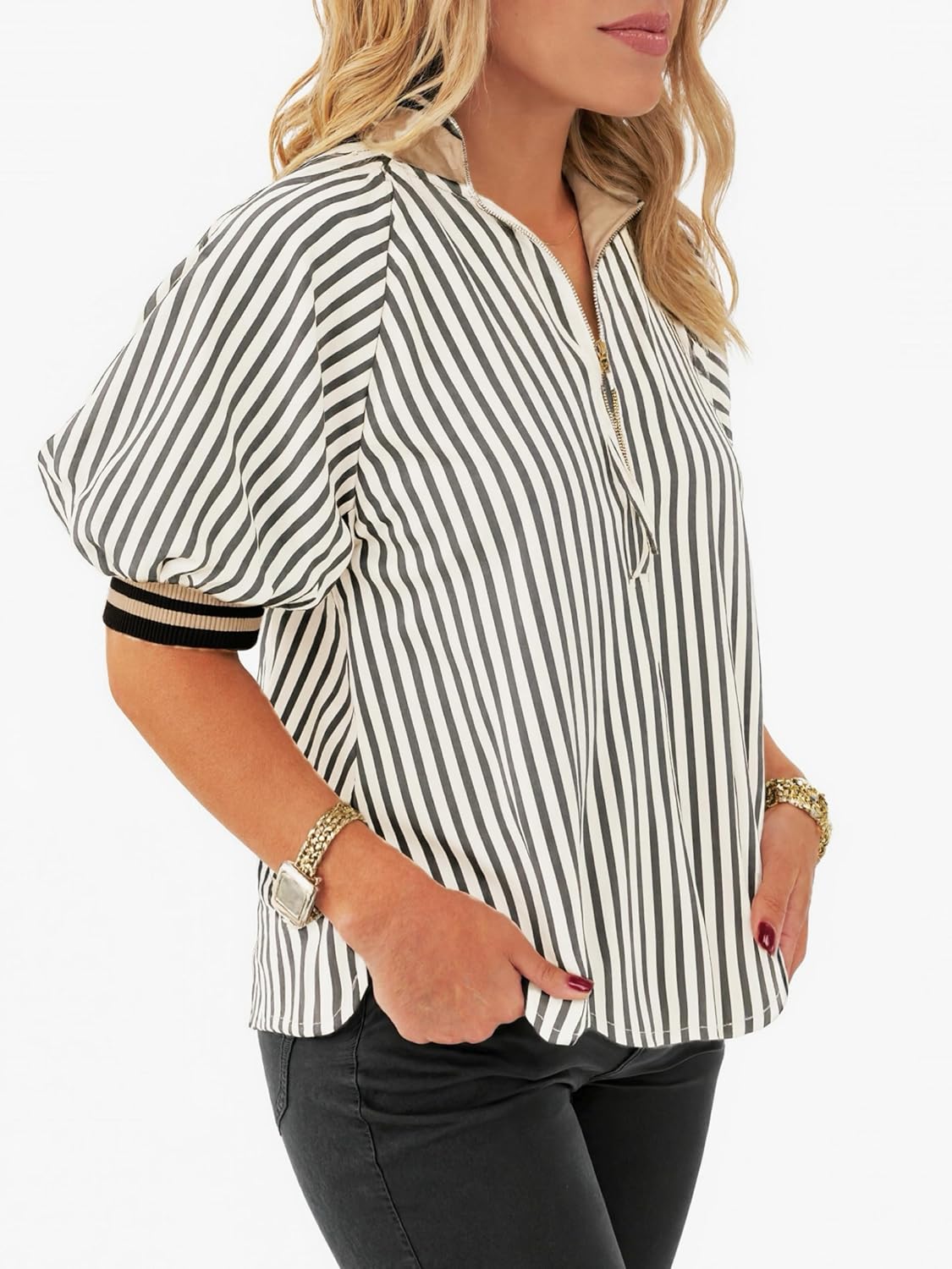 Womens Striped Puff Sleeve Blouse Half Zip Loose Color Block Ribbed Knit Collared Top - Image 4