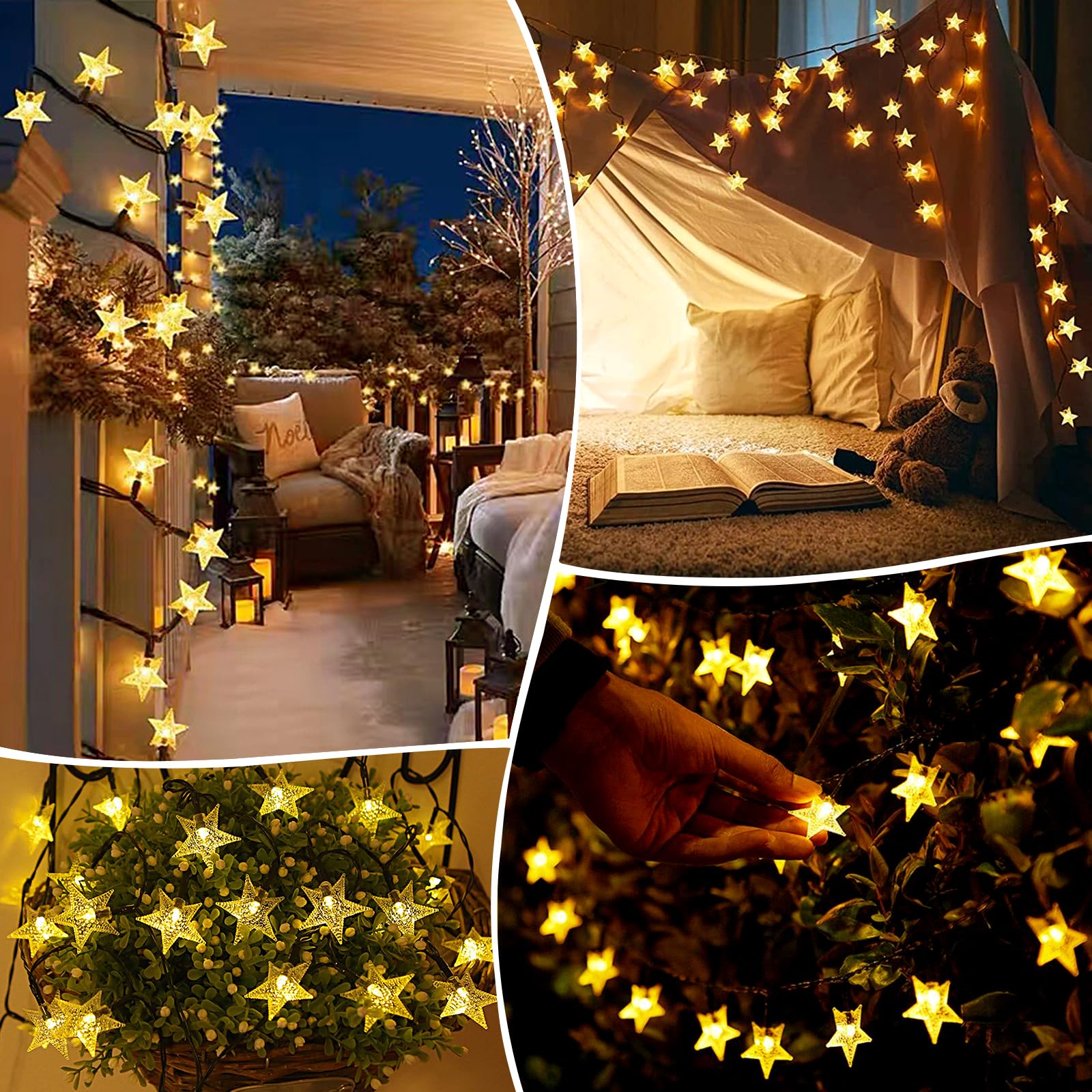 GHONLZIN LED Solar Lichterkette, 12M Stern Lichterkette, 100 LEDs Wasserdichte 8 Modi Sterne Lichterketten Indoor Outdoor für Valentinstag Weihnachten