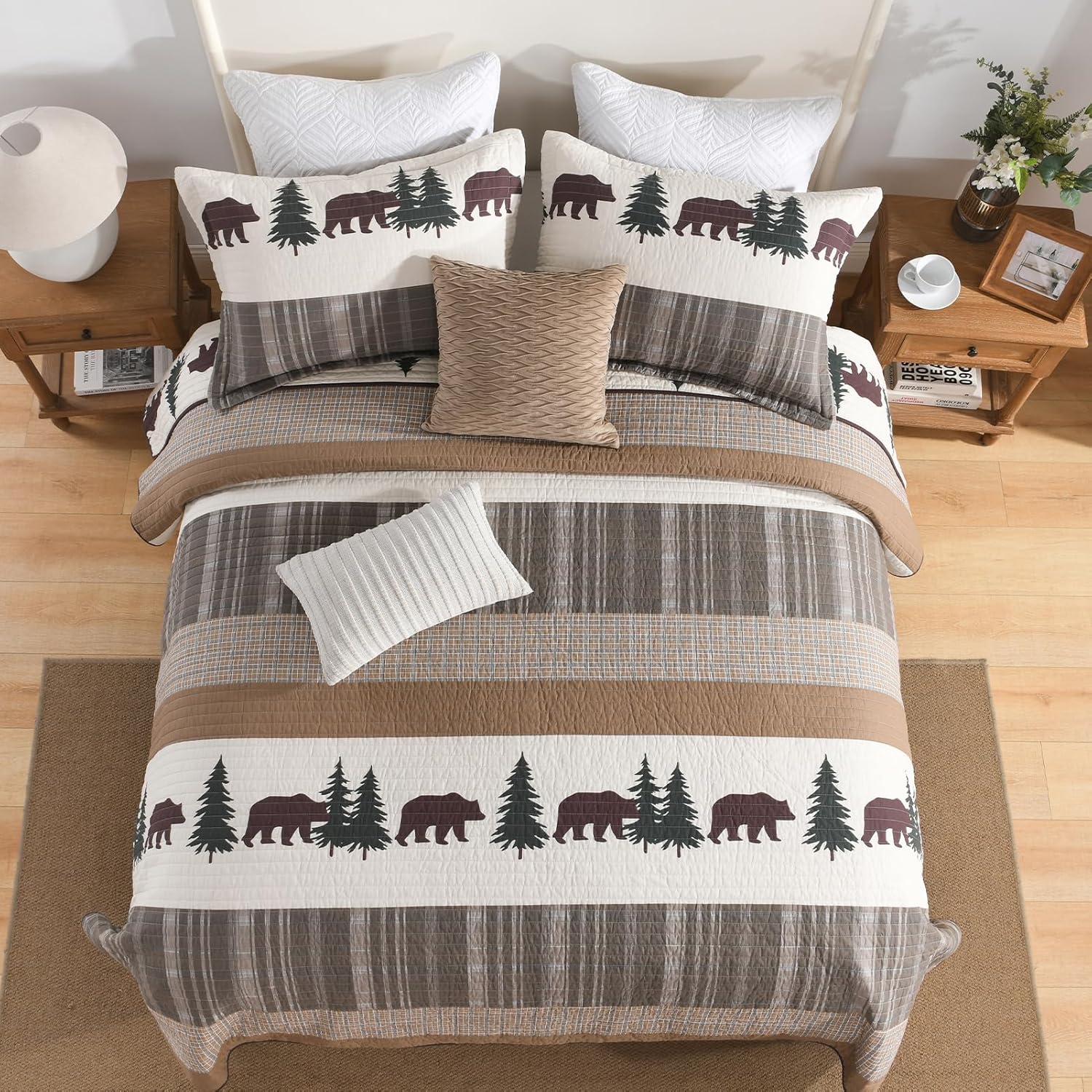 SahSahCasa Quilt Queen Size, Queen Quilt Set, 100% Cotton Queen Quilt Bedding Set Bedspreads, Forest Farmhouse Rustic Reversible Lightweight Comforter for Queen Bed, All Season, Brown/Green, 3-Piece