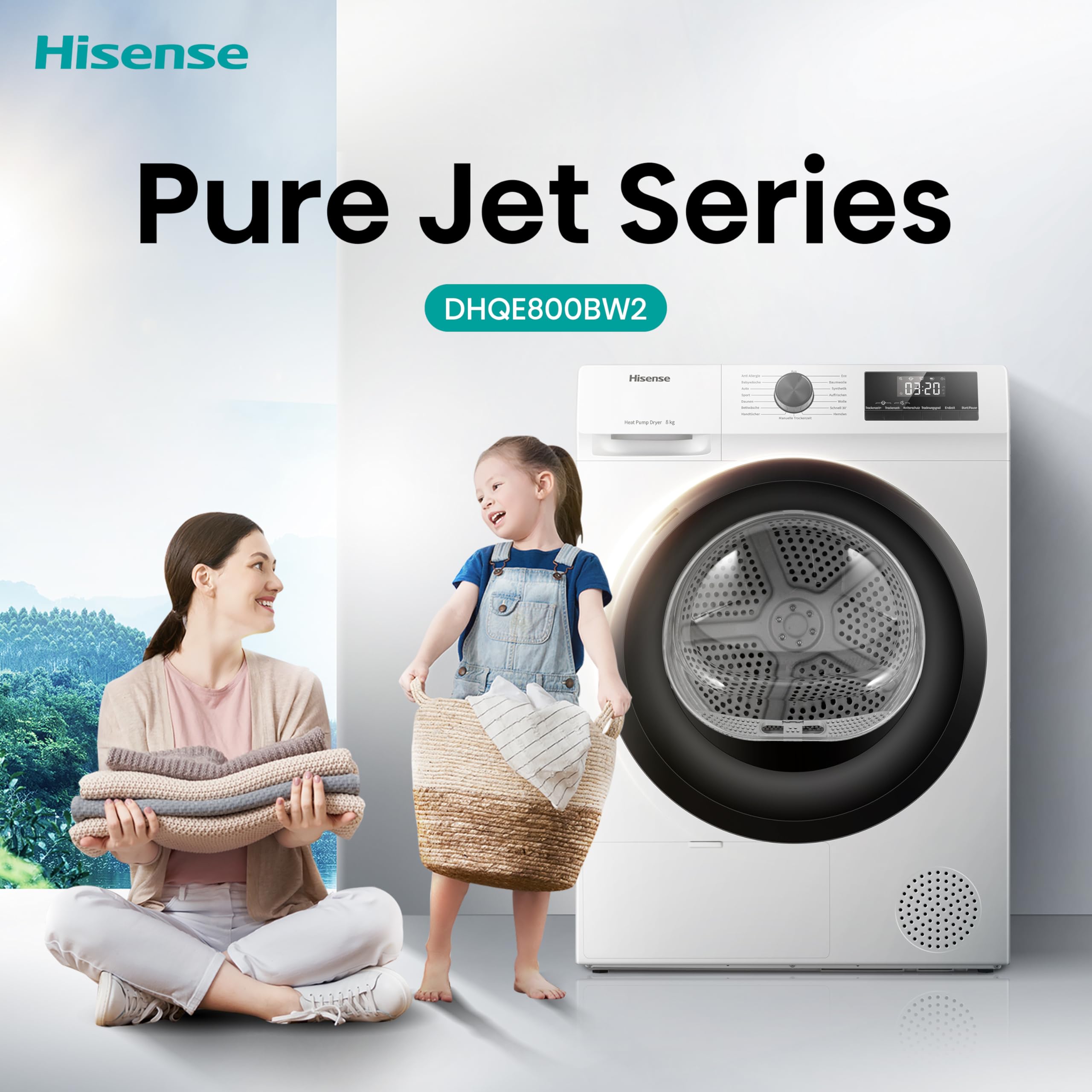 Hisense DHQE800BW2 Wäschetrockner 8KG Kondensation Wärmepumpe 15 Programme Feuchtesensor Anti Crease TwinAir Energieeffizienzklasse D Weiß