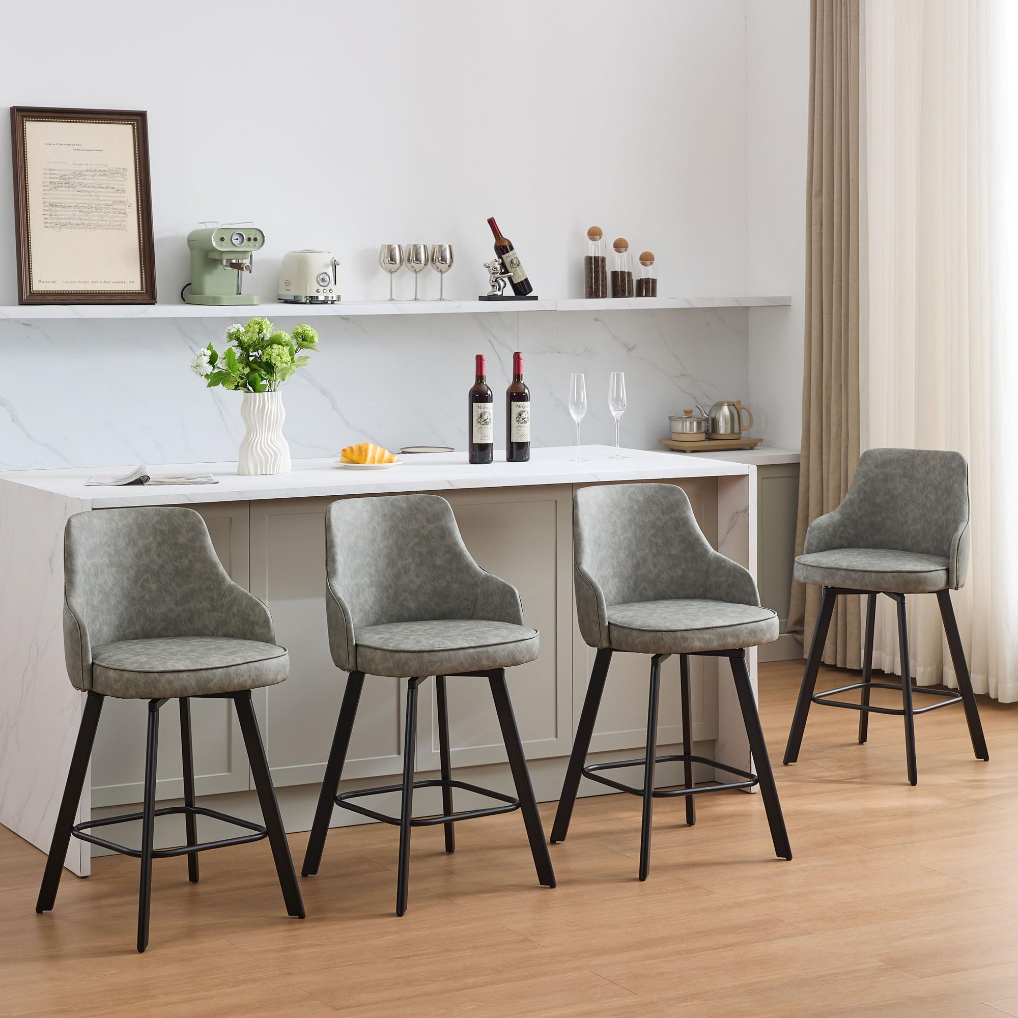 FIRAVOE Bar Stools Set of 4, 26" Swivel Counter Height Bar stools with High Back, Faux Leather Kitchen Barstools Counter Height for Kitchen Island (