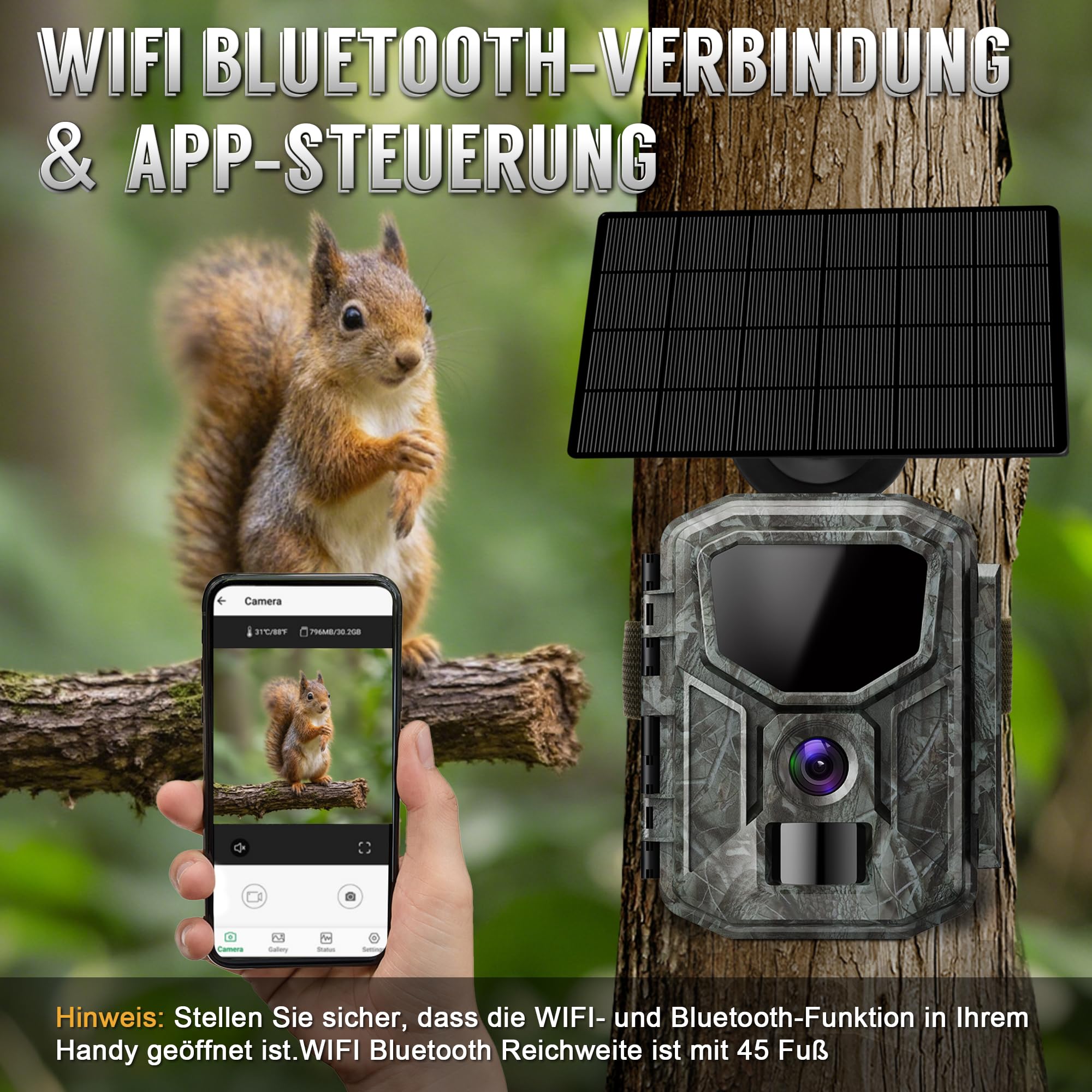 8K Solar Wildkamera mit unbegrenzter kostenloser App, 7800mAh Akku, 850nm Nachtsicht, 0,1S Bewegungserkennung, IP66 wasserdicht, Wildkamera mit 32GB Speicherkarte, Tierkamera | 0,1S Bewegungserkennung, IP66 wasserdicht, Unbegrenzte kostenlose App, Tierkam