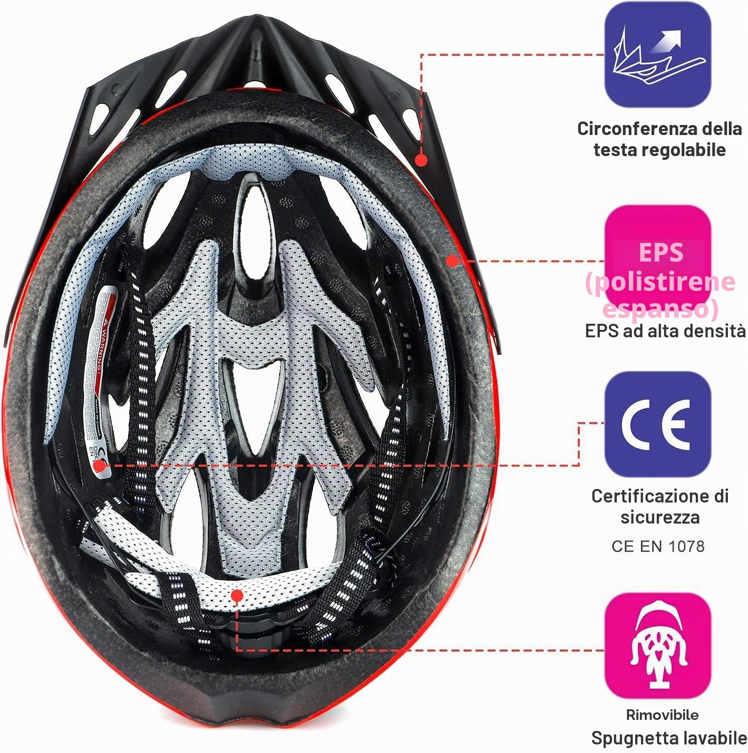 Casco da Bicicletta per Adulti, Uomo e Donna, Corpo EPS + Guscio PC, Mountain Bike, con Visiera Rimovibile e Imbottitura, Regolabile, 58-61 cm