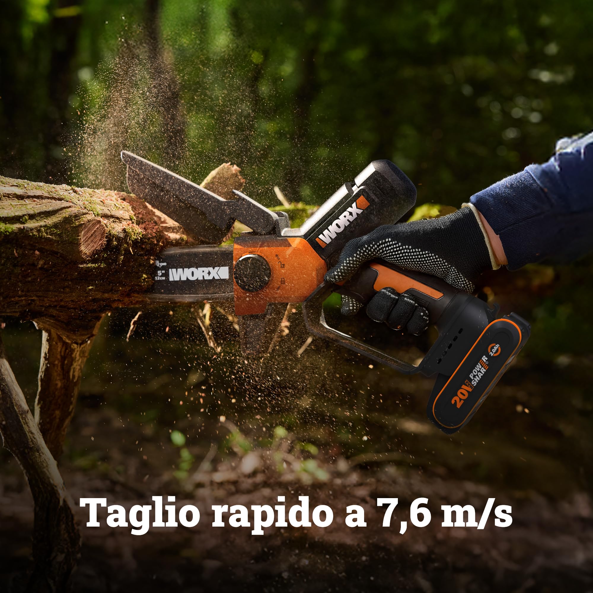 WORX WG326E.9 - Mini motosega a batteria 20 V, lunghezza di taglio 12 cm, cambio catena senza attrezzi, velocità della catena 7,6 m (senza batteria e caricatore)