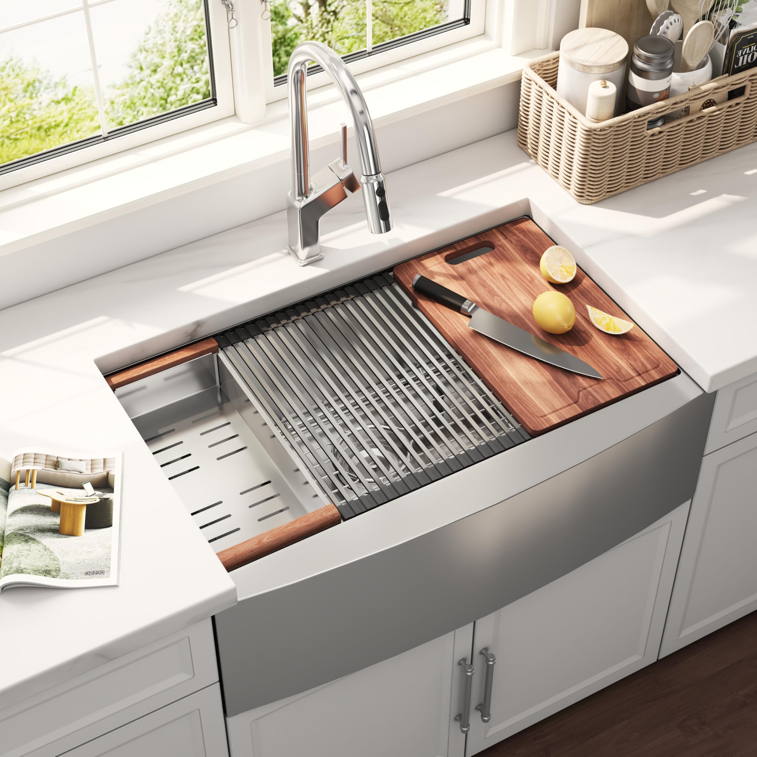 Blenzia 33 Inch Undermount Workstation Farmhouse Kitchen Sink 304 Stainless Steel 16 Gauge Apron Front Single Bowl Deep Farm Sinks 33" x 21" x 10"