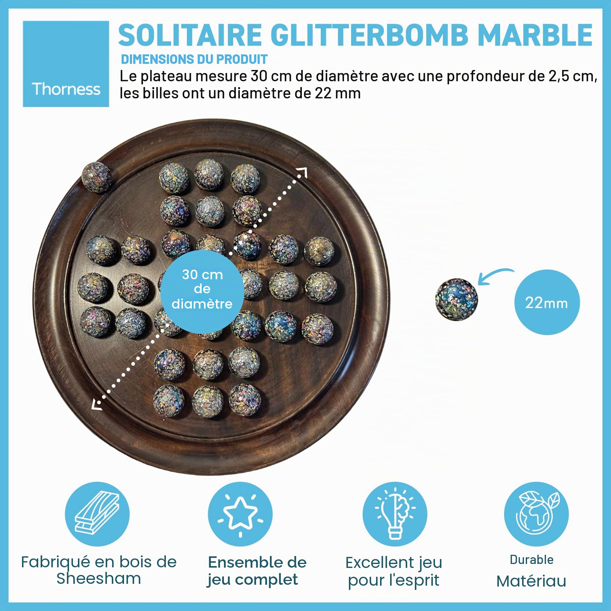 Jeu de société solitaire en bois de 30 cm de diamètre avec billes de verre à paillettes | jeu de solitaire classique en bois | jeu de société de stratégie | jeu de société familial | jeux pour une