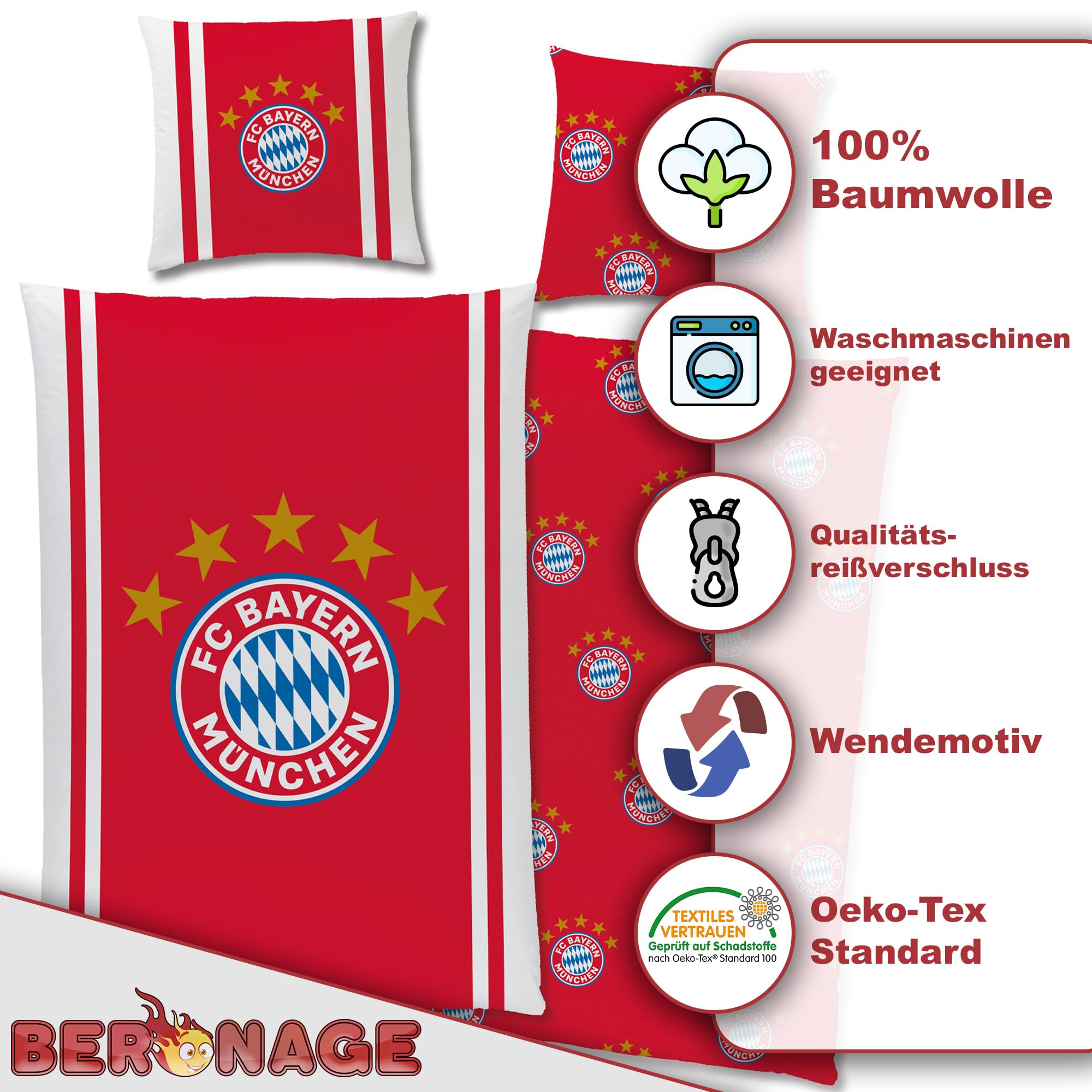 FC Bayern München Bettwäsche Mia San Mia 135 x 200 cm + 80 x 80 cm 100% Baumwolle Renforcé-Linon-Qualität Rekord-Meister Berni Alianz Arena Fußball FCB deutsche Größe mit Reißverschluss