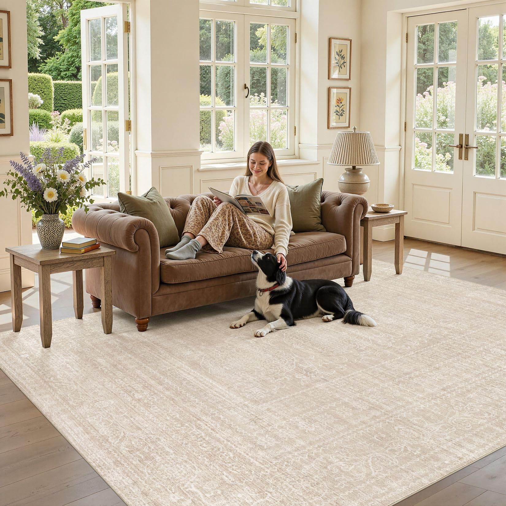 5x7 Area Rugs Living Room: Washable Large Vintage Beige Rug Neutral Non-Slip Soft Stain Resistant Indoor Carpet for Bedroom Nursery Dining Room Under Table Bed Home House Office Playroom — view 5