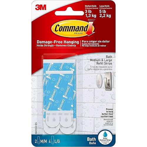 Command Bath Replacement Strips, Medium and Large Water-Resistant Adhesive Strips, Re-Hang Bath Hooks or Caddies, 2 Medium Strips, 4 Large Strips