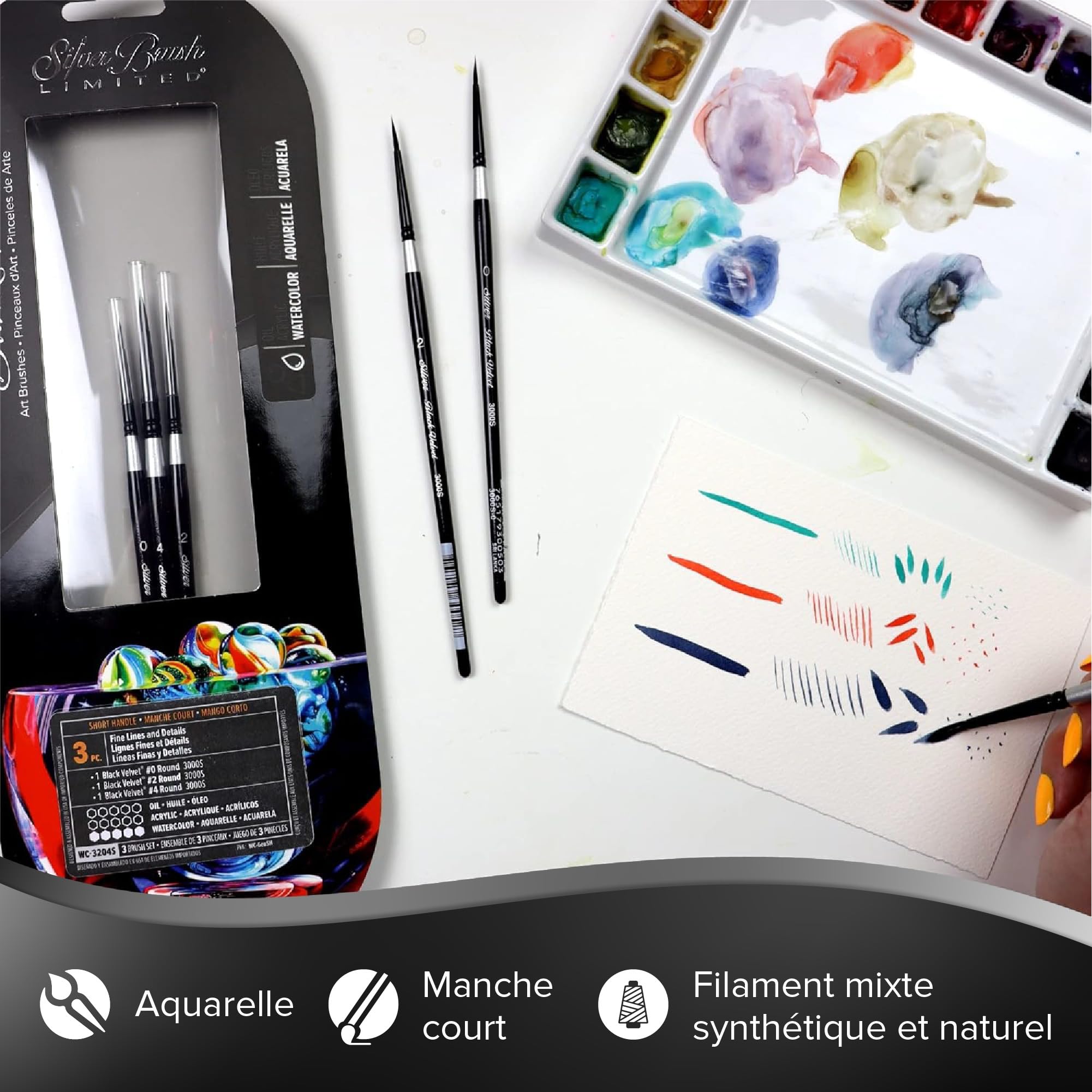Silver Brush Limited - Assortiment de 3 pinceaux WC-3204S Black Velvet pour Lignes Fines et détails - pinceaux Ronds Tailles 0, 2, 4