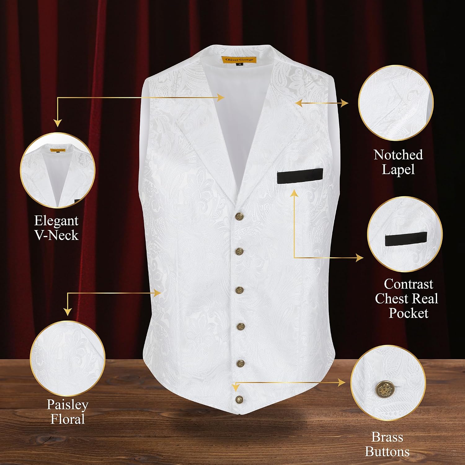 Oliver George Men’s Victorian Gothic Steampunk Vest Paisley Formal Waistcoat Tuxedo Suit Dress Vest For Men