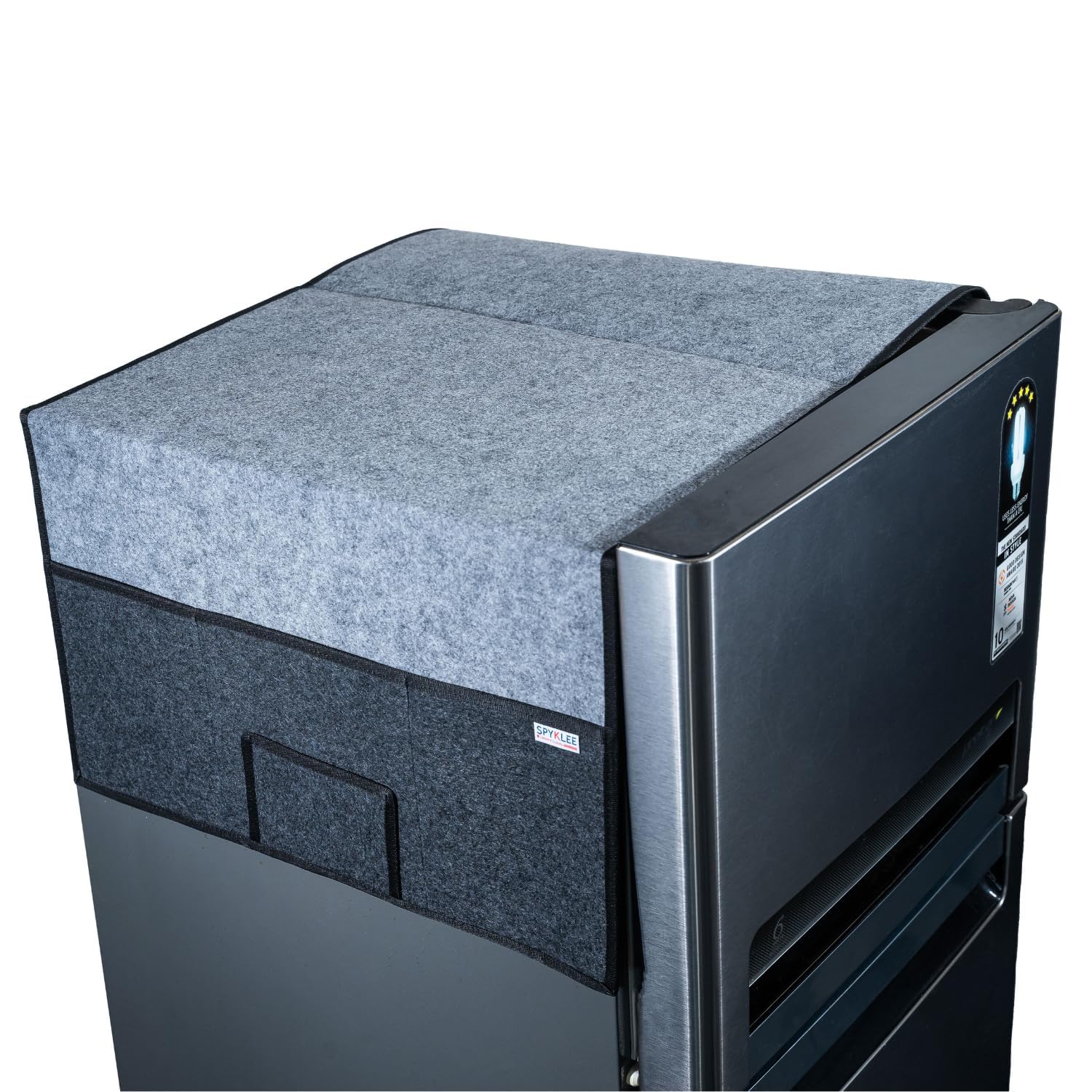 SPYKLEE Refrigerator Top Cover with 5 Storage Side Pockets (Grey-Black, 29X22 Inches) | Dustproof Fridge Cover Mat | Durable, Water-Resistant | for Single & Double Door Refrigerators