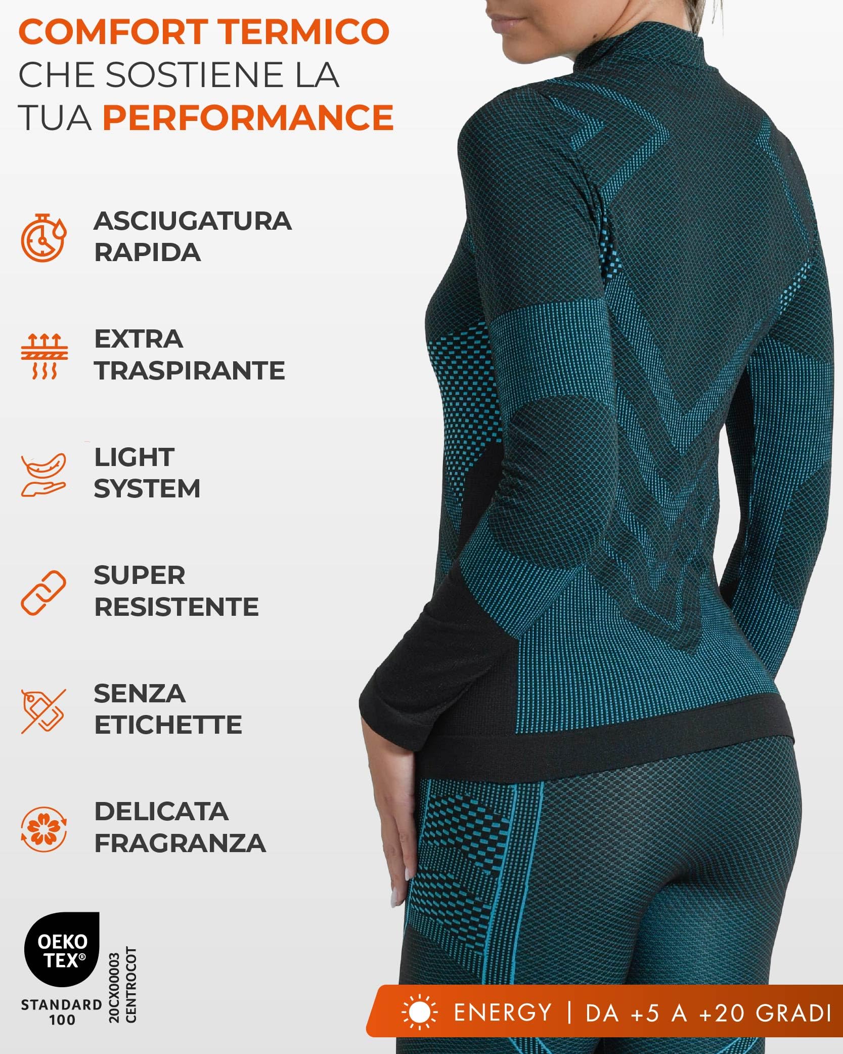 Risalti Maglia Termica Donna Manica Lunga Energy - Lupetto Traspirante a Compressione, Intimo Termico Senza Cuciture ed Etichette per Sci, Trekking, Running, Ciclismo - Made in Italy