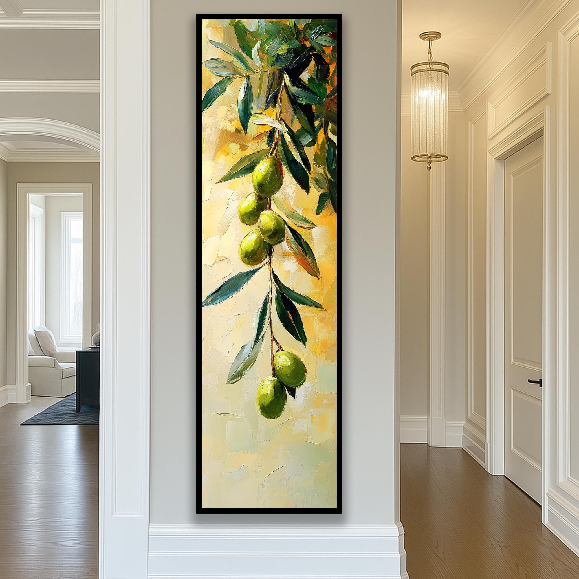 CAOXTART Quadro tkanina z albero d'ulivo lungo e stretto: dipinto śródziemnomorskie, dekorujące do kucyny, nowoczesny nadruk botaniczny w stylu rustykalnym (70 x 210 cm/wewnętrzny kornik)